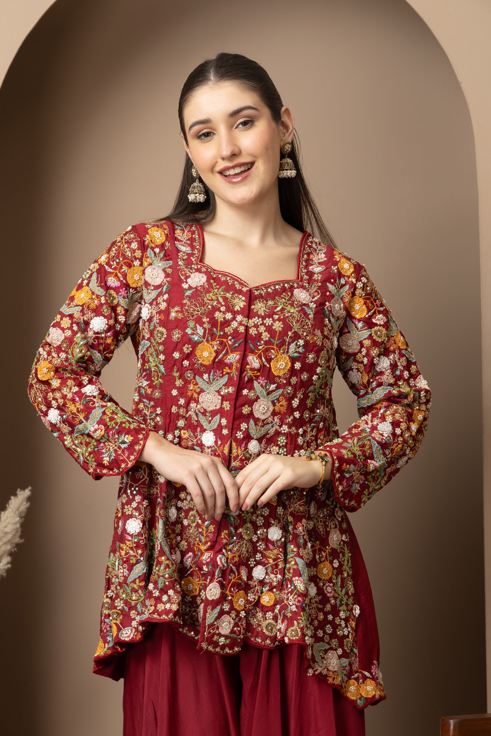 Women's Maroon Floral Printed Peplum Kurta with Sharara Set