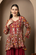 Women's Maroon Floral Printed Peplum Kurta with Sharara Set