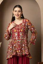 Women's Maroon Floral Printed Peplum Kurta with Sharara Set