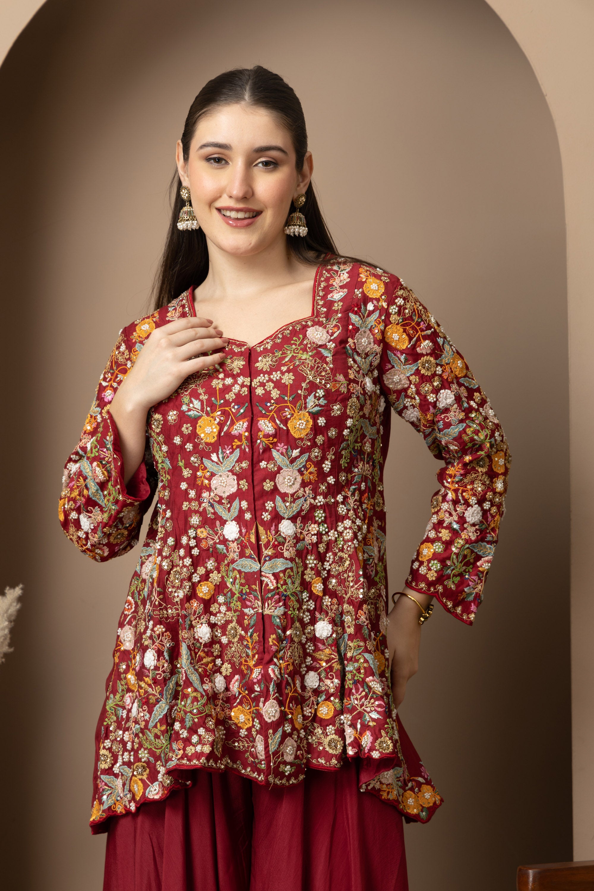 Women's Maroon Floral Printed Peplum Kurta with Sharara Set