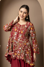 Women's Maroon Floral Printed Peplum Kurta with Sharara Set