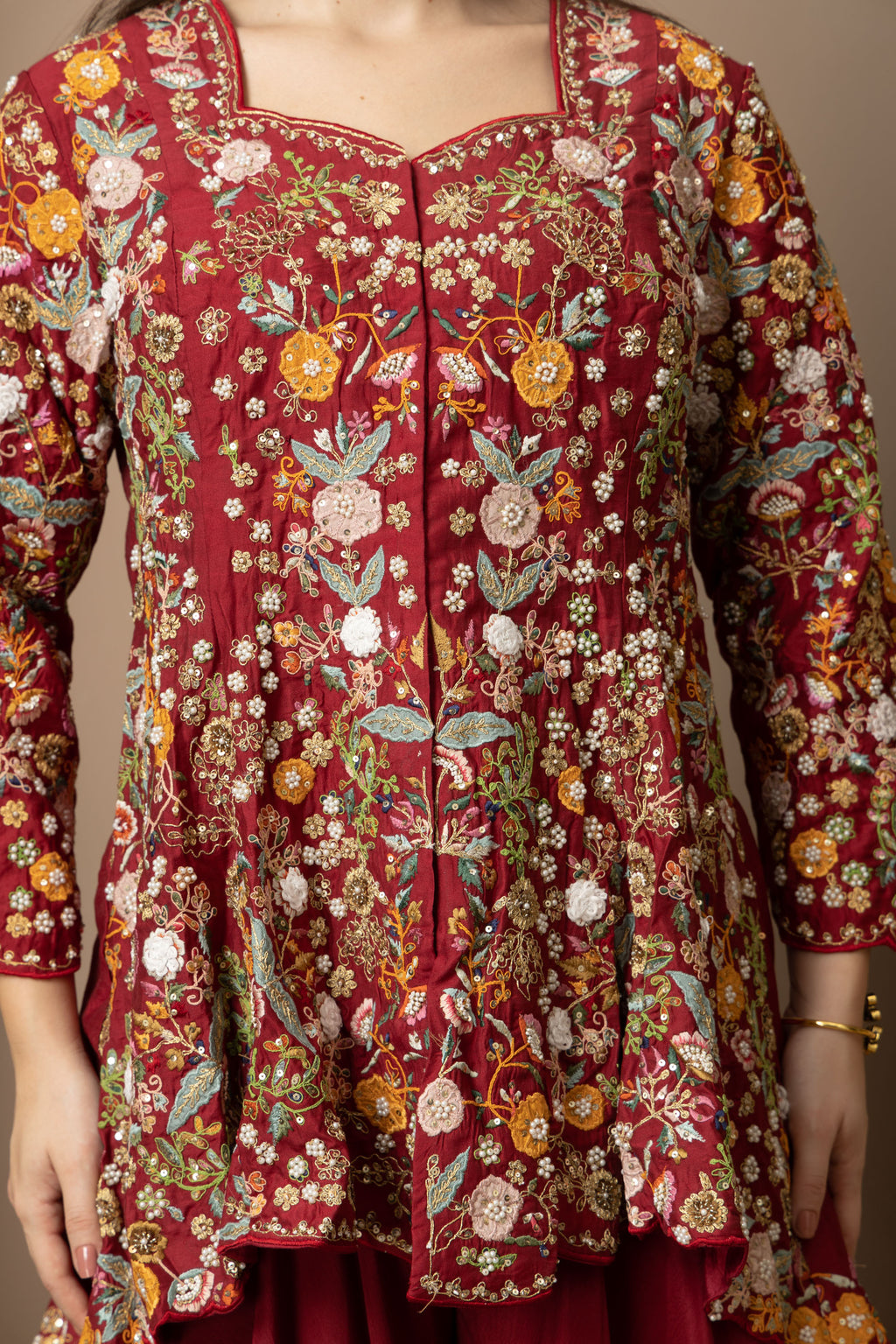 Women's Maroon Floral Printed Peplum Kurta with Sharara Set