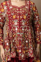 Women's Maroon Floral Printed Peplum Kurta with Sharara Set