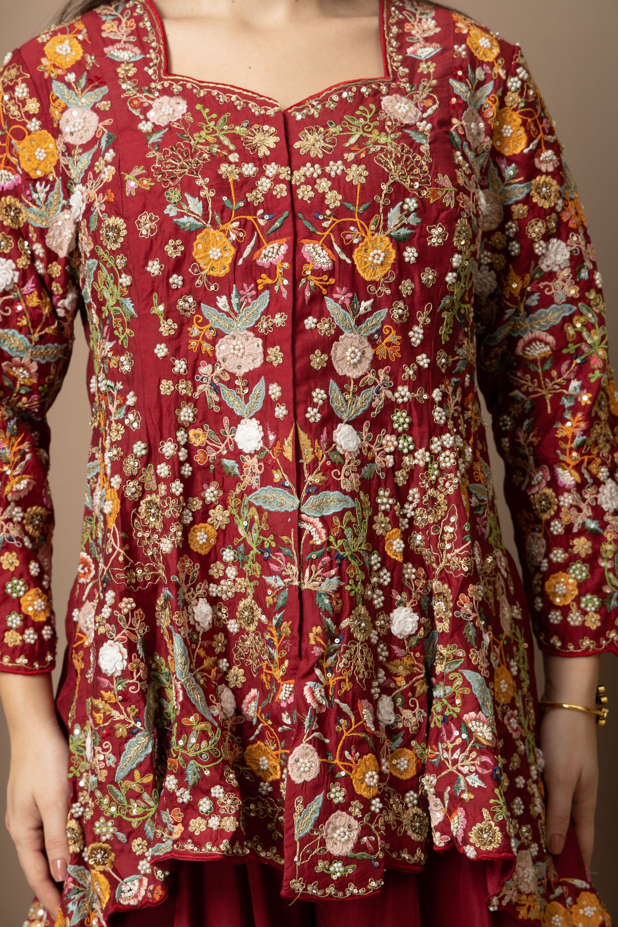 Women's Maroon Floral Printed Peplum Kurta with Sharara Set