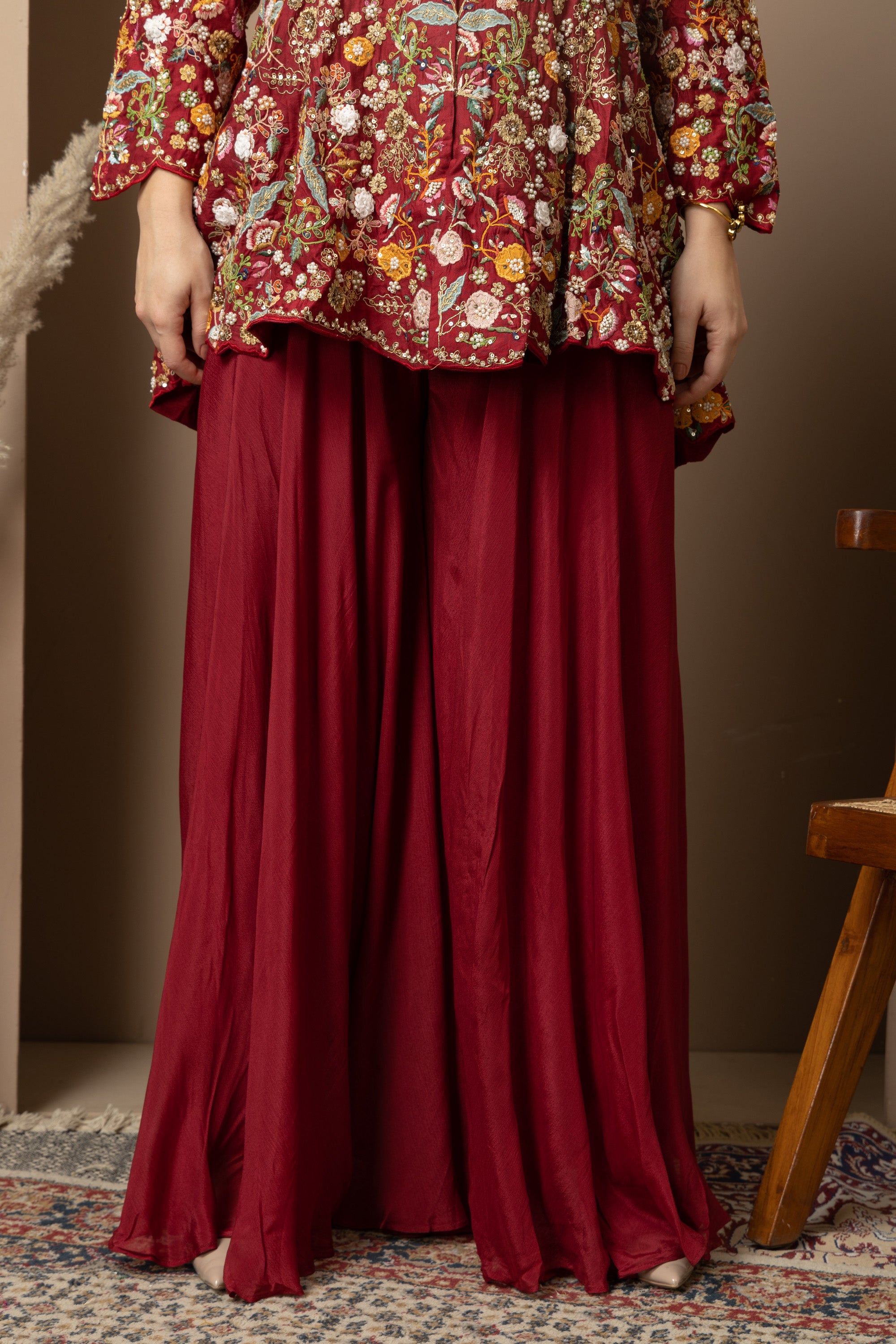 Women's Maroon Floral Printed Peplum Kurta with Sharara Set