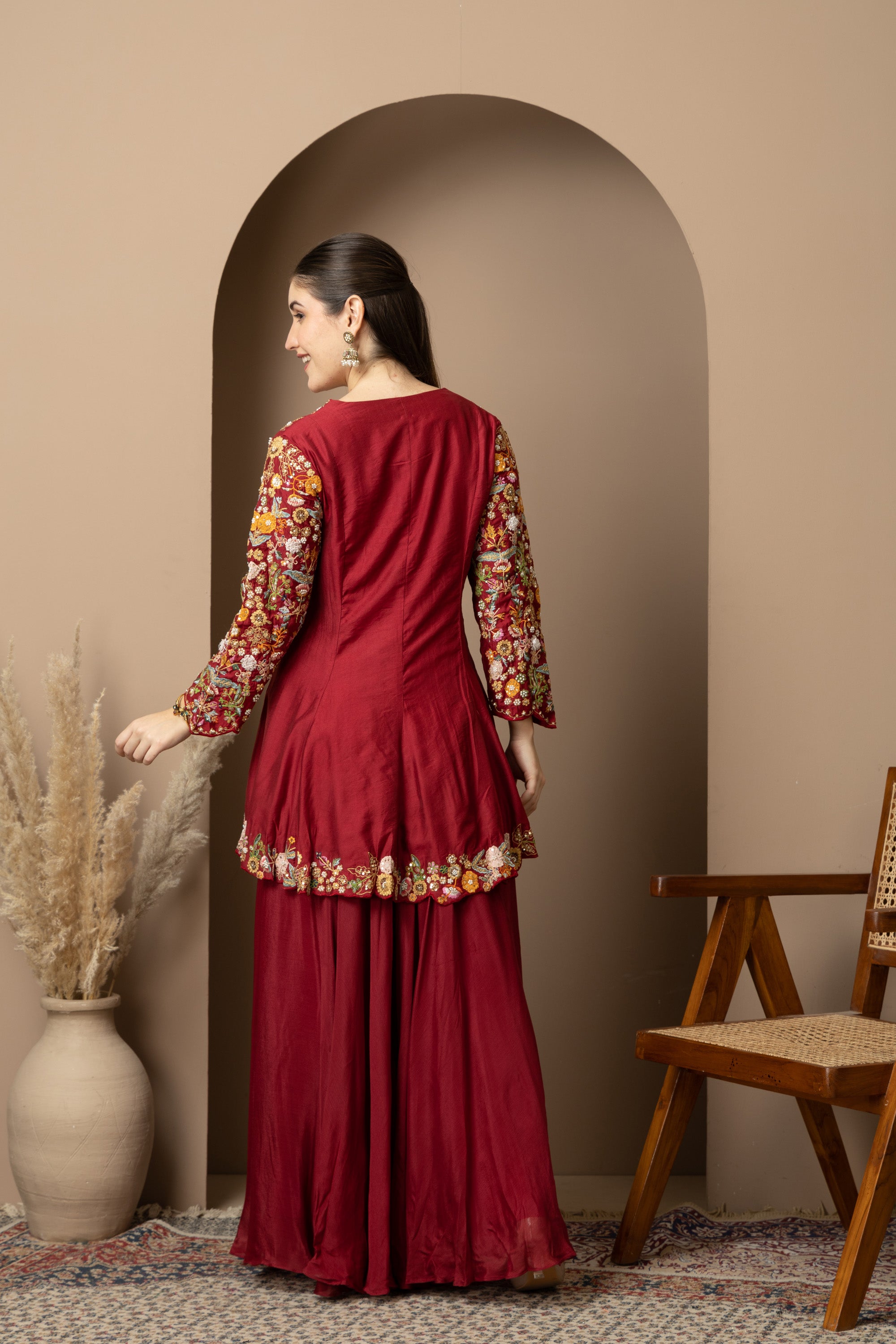 Women's Maroon Floral Printed Peplum Kurta with Sharara Set