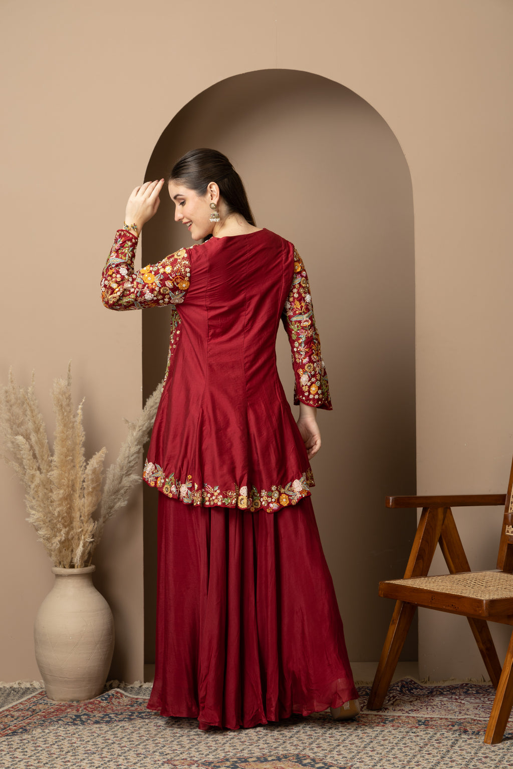 Women's Maroon Floral Printed Peplum Kurta with Sharara Set