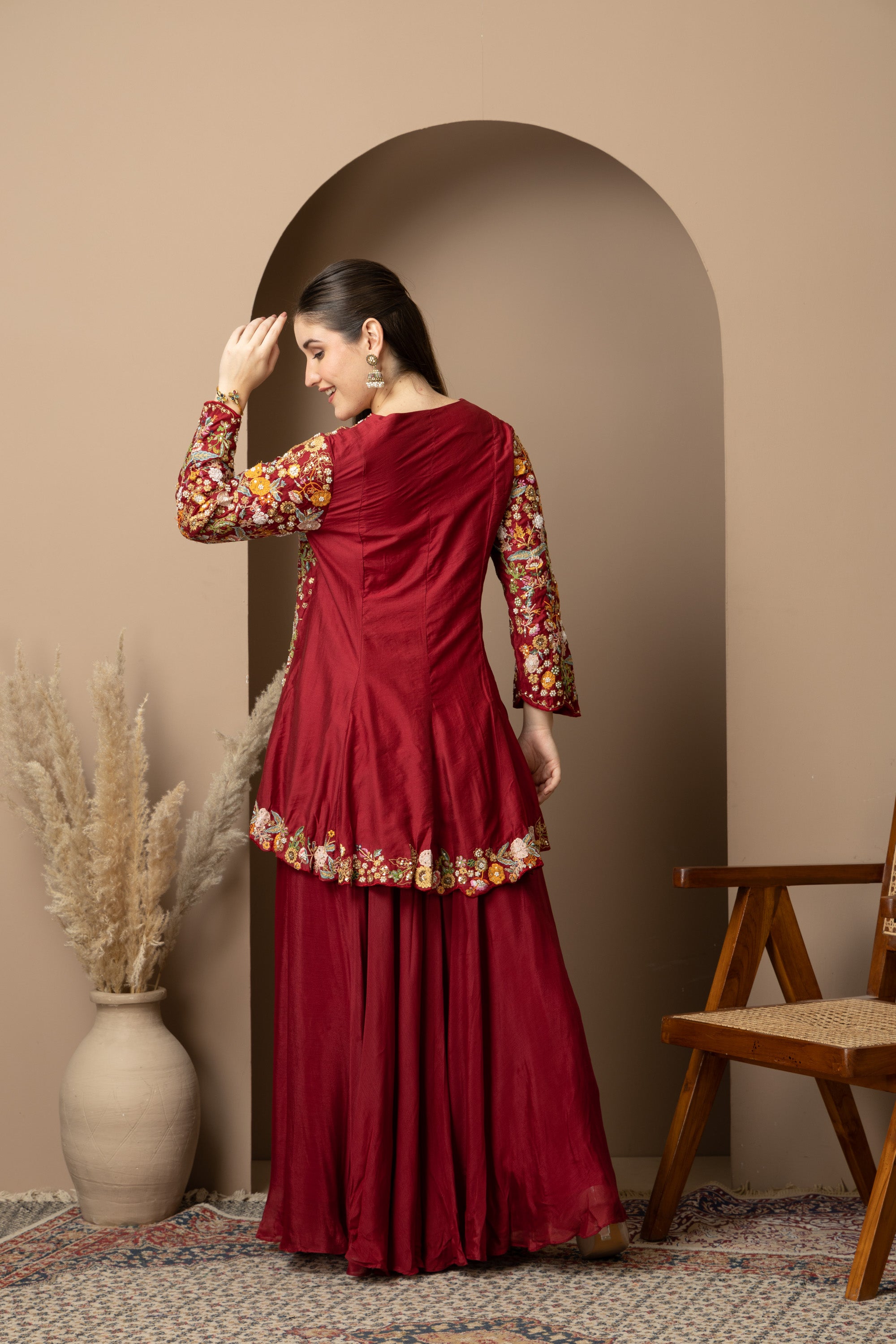 Women's Maroon Floral Printed Peplum Kurta with Sharara Set