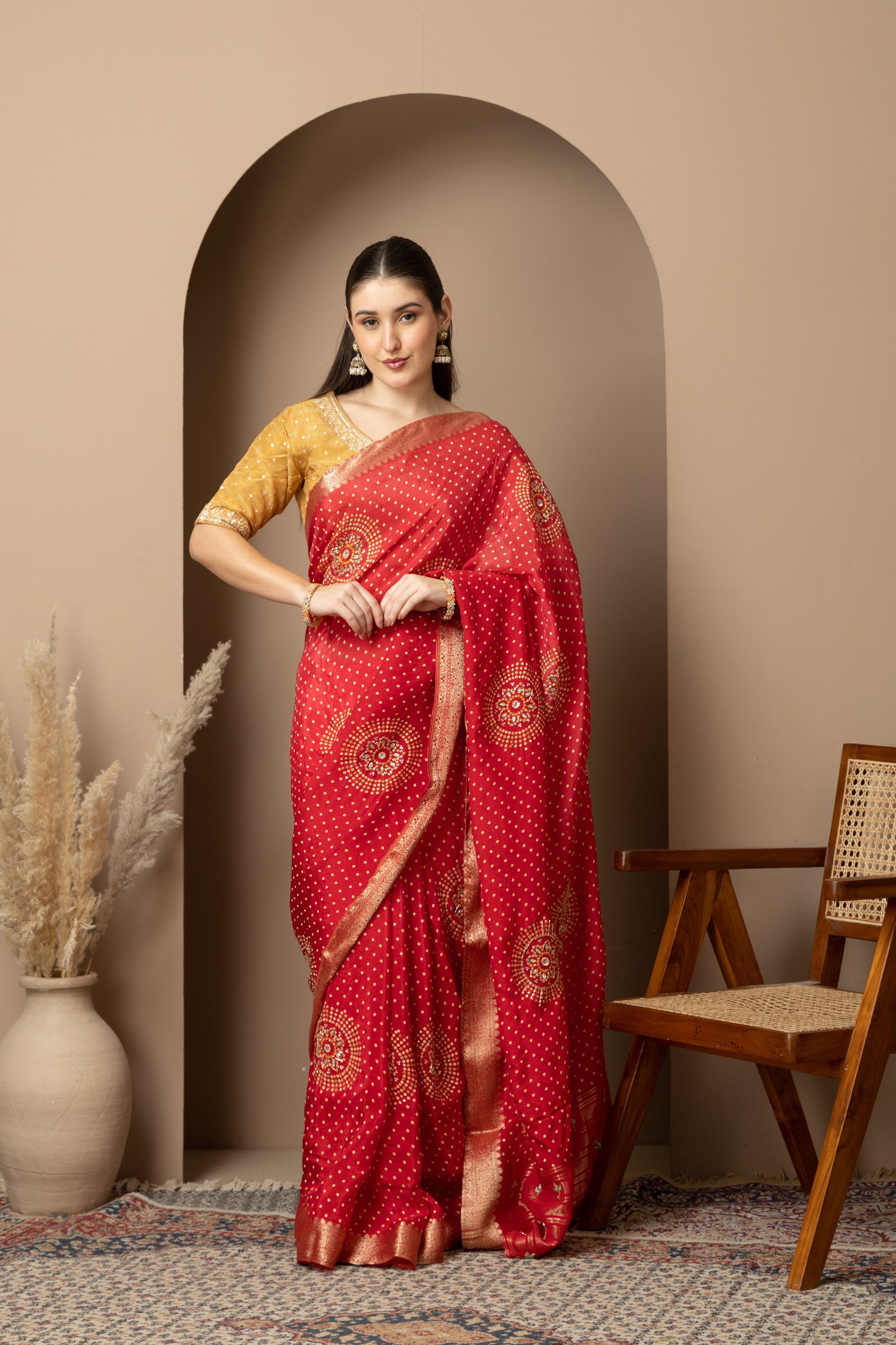 Women's Red Banarasi Silk Saree with Zari Motifs