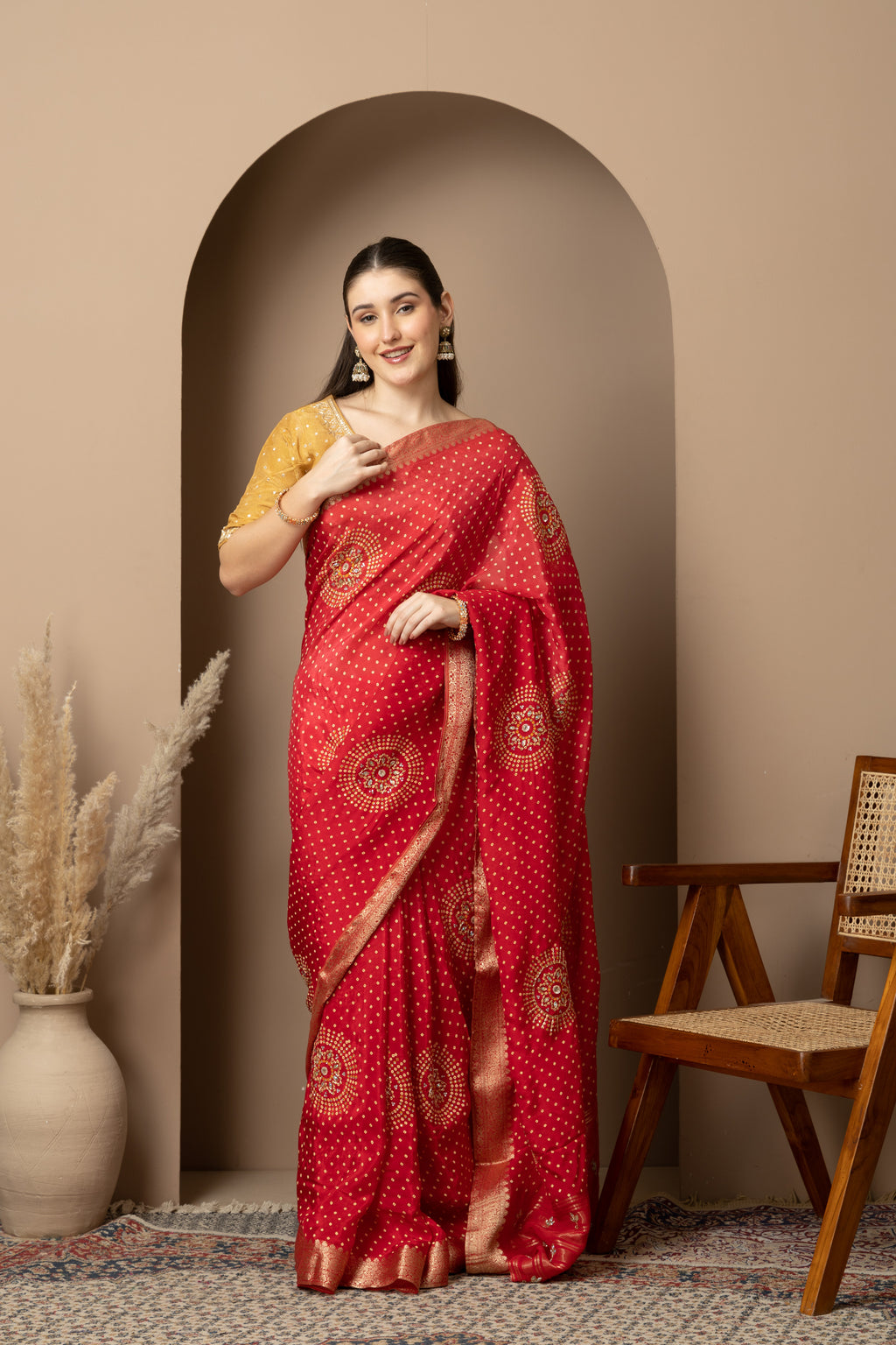 Women's Red Banarasi Silk Saree with Zari Motifs