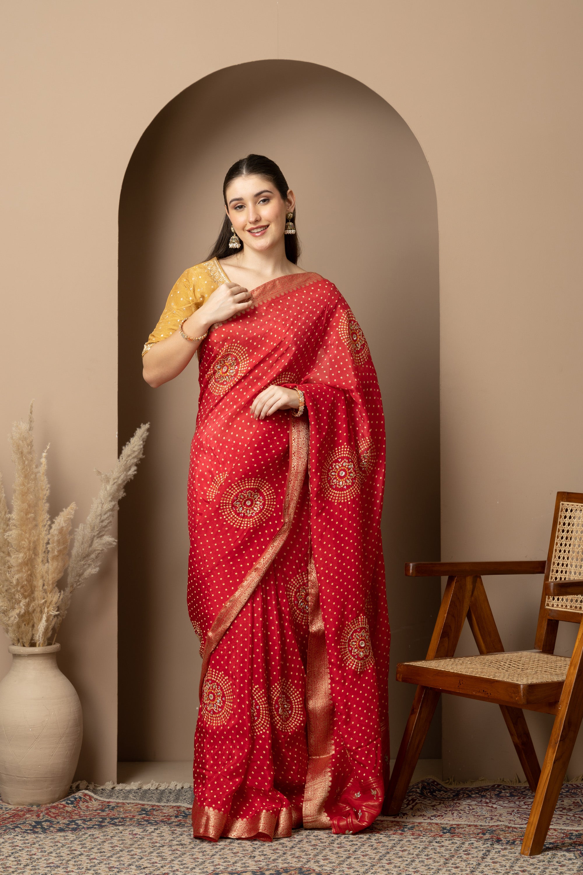 Women's Red Banarasi Silk Saree with Zari Motifs
