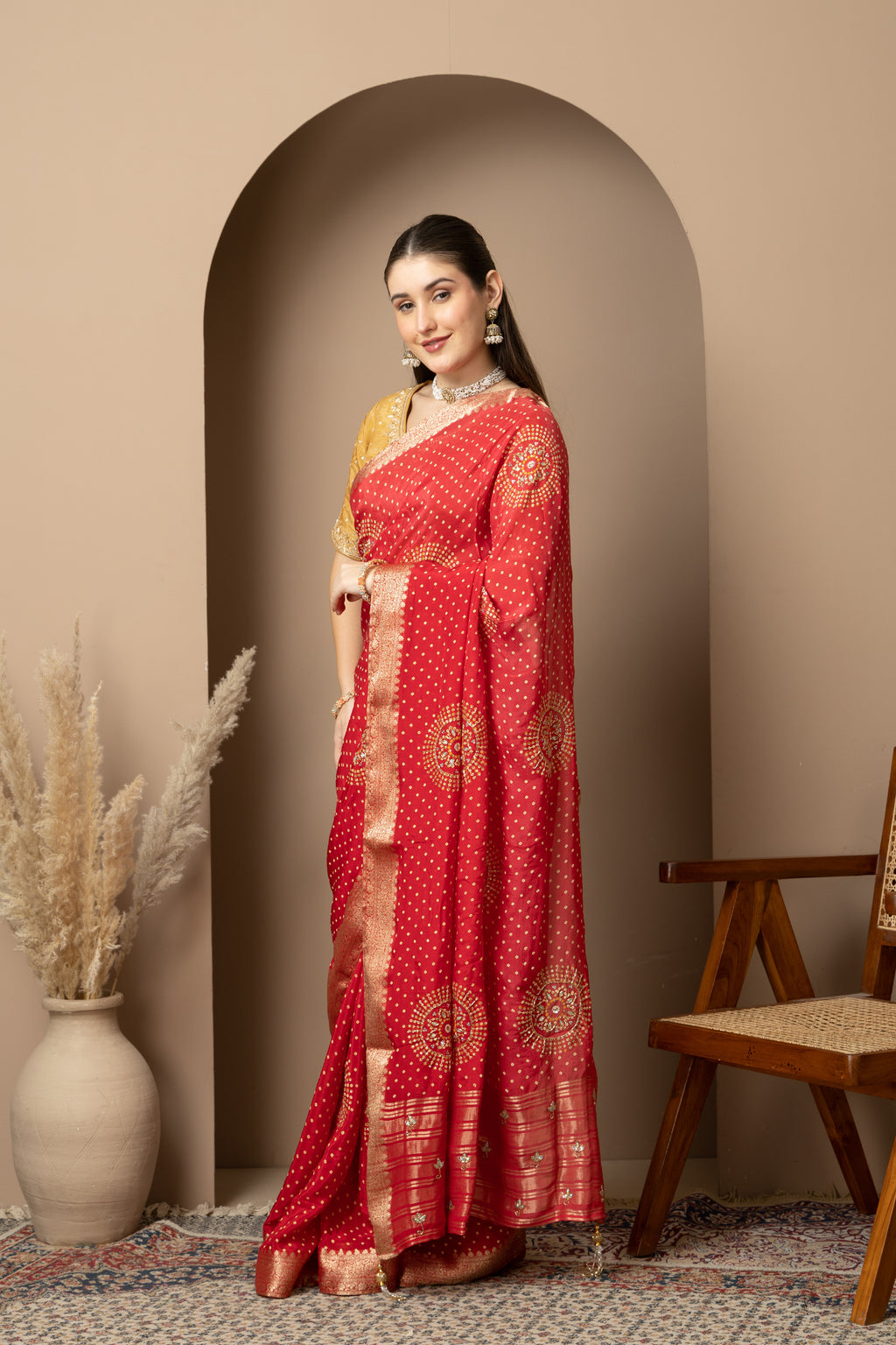 Women's Red Banarasi Silk Saree with Zari Motifs