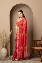 Women's Red Banarasi Silk Saree with Zari Motifs