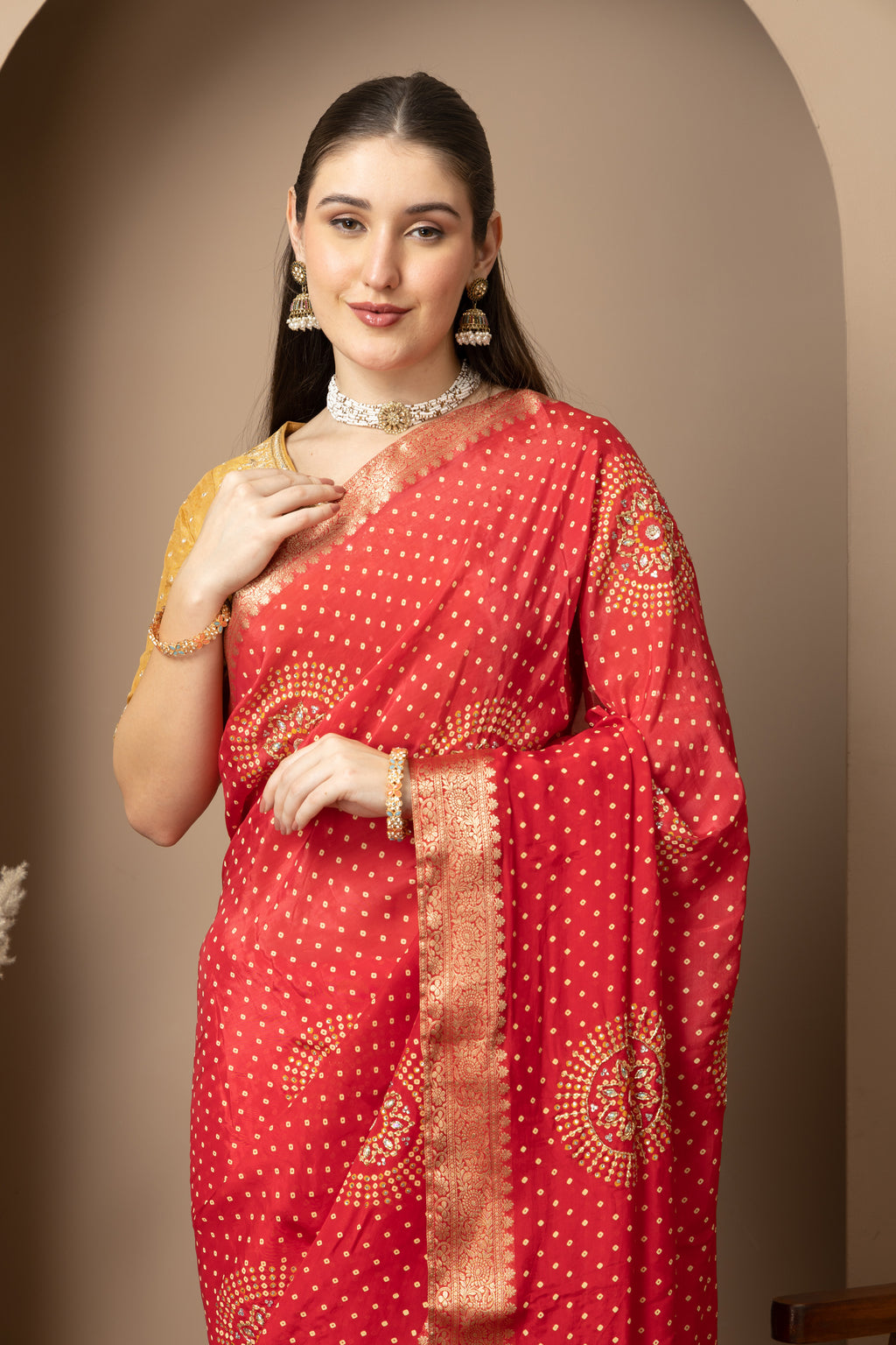 Women's Red Banarasi Silk Saree with Zari Motifs