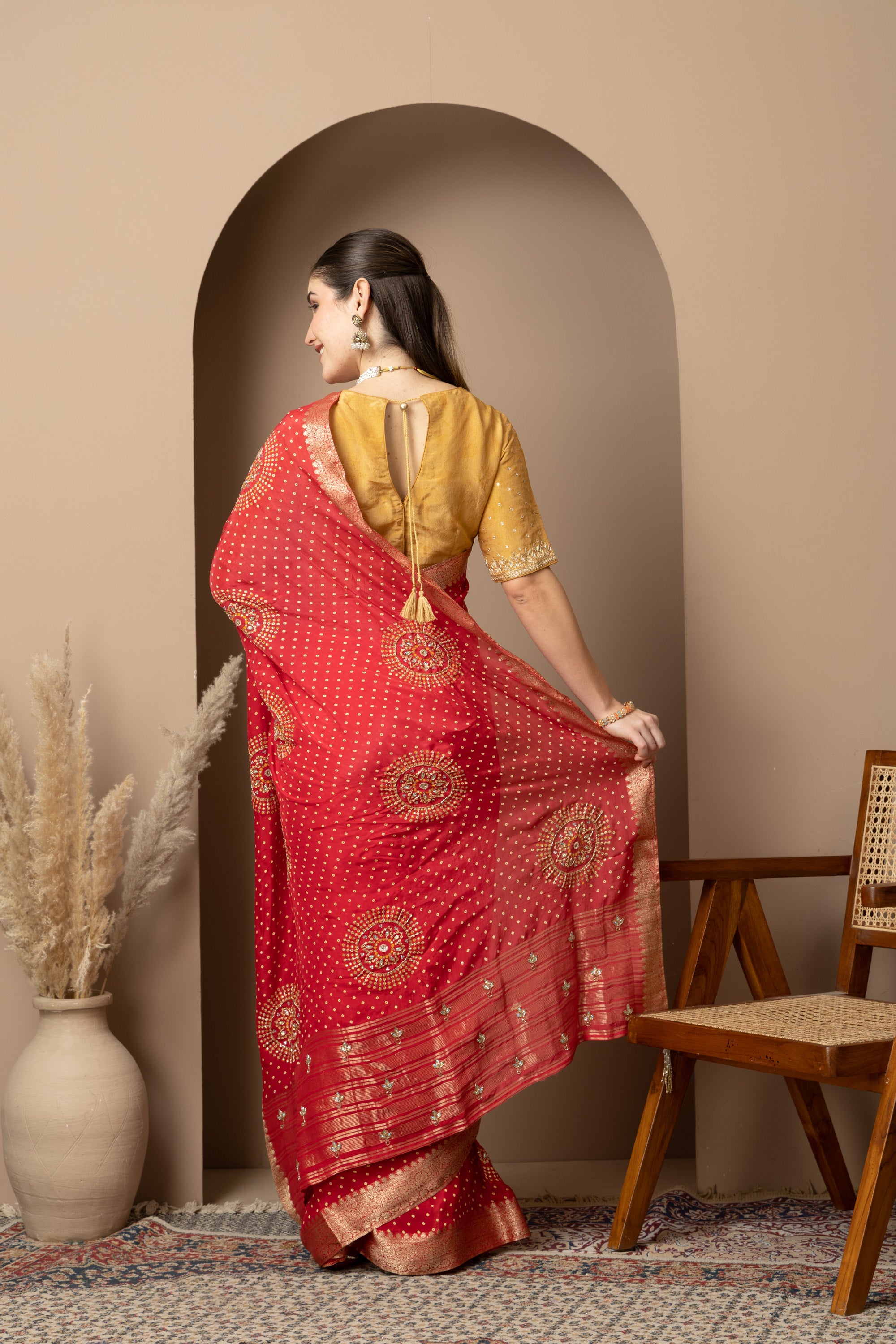 Women's Red Banarasi Silk Saree with Zari Motifs