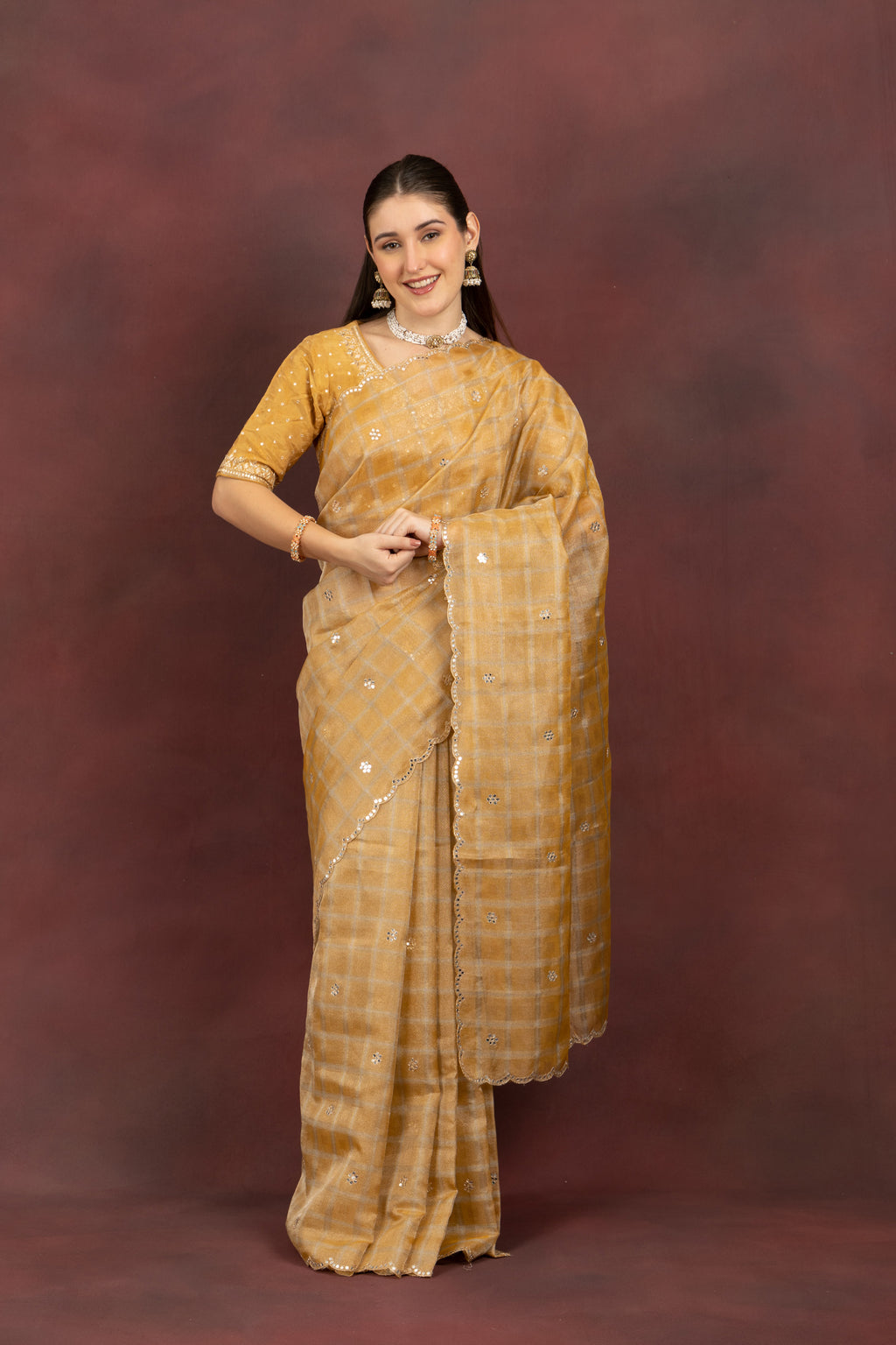 Women's Mustard Checkered Sequin Saree