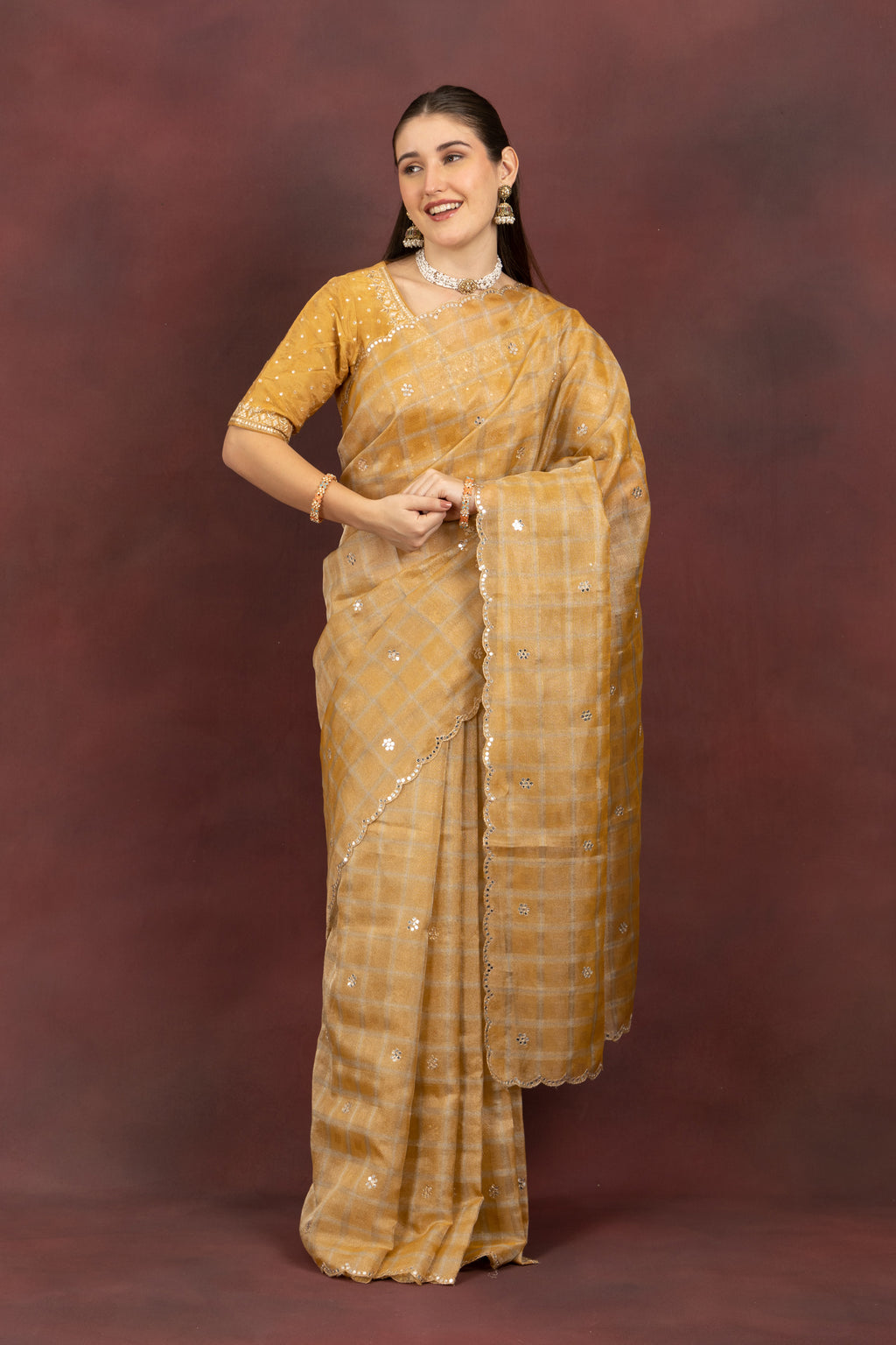 Women's Mustard Checkered Sequin Saree