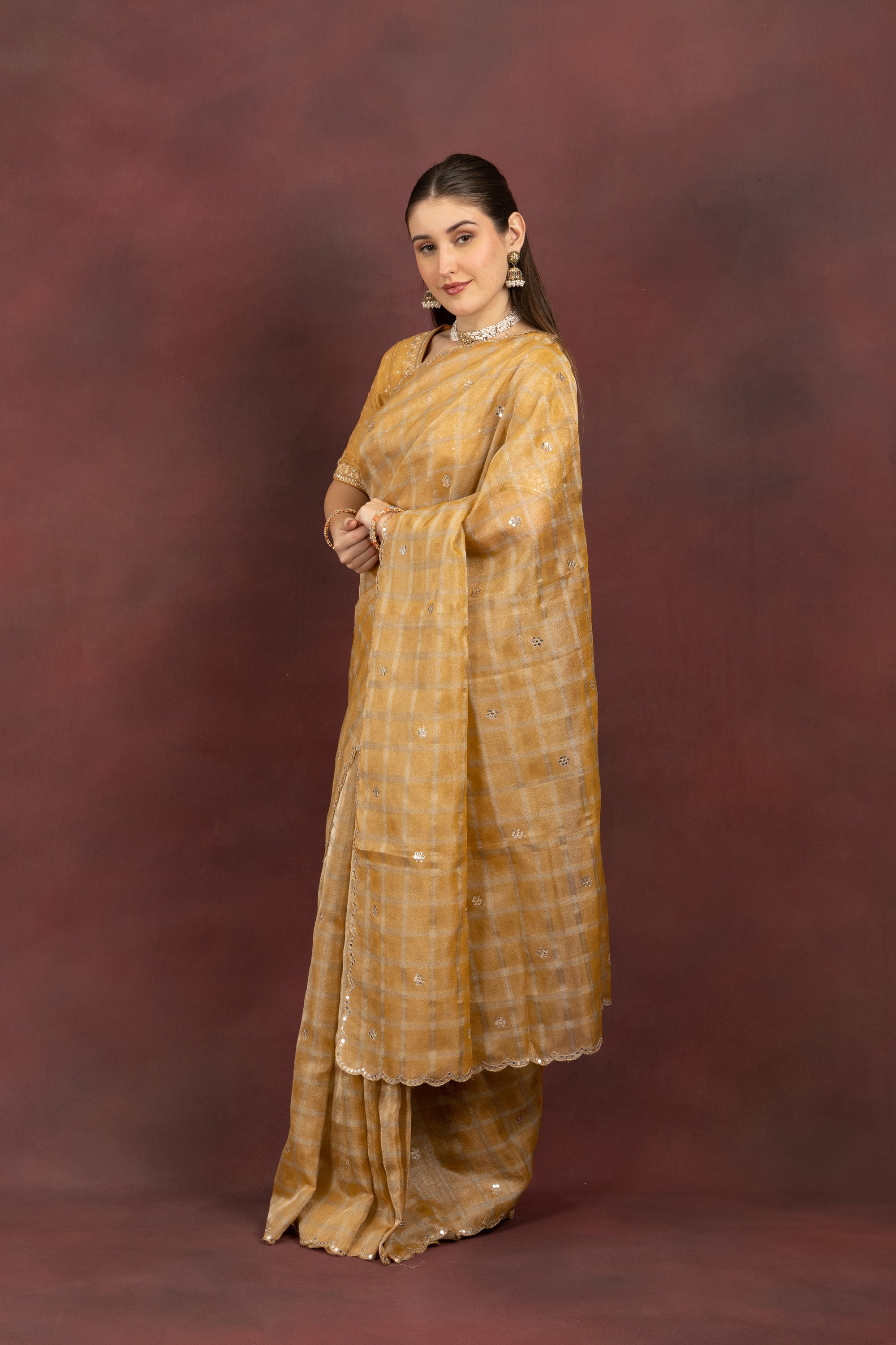 Women's Mustard Checkered Sequin Saree