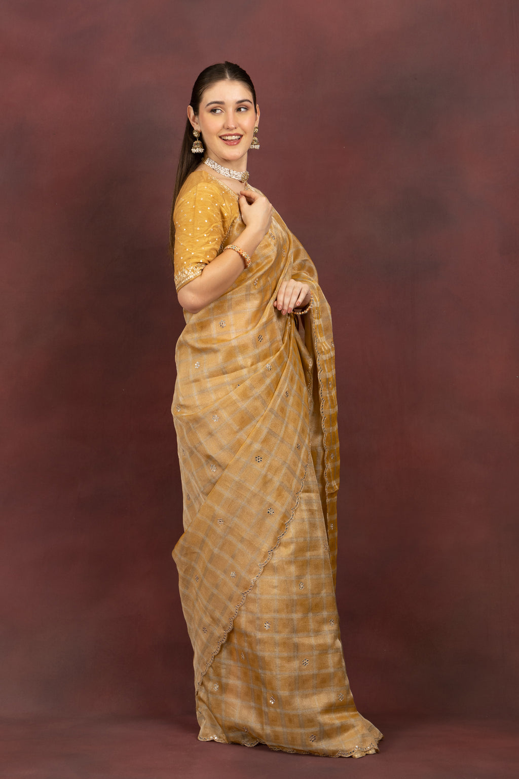 Women's Mustard Checkered Sequin Saree