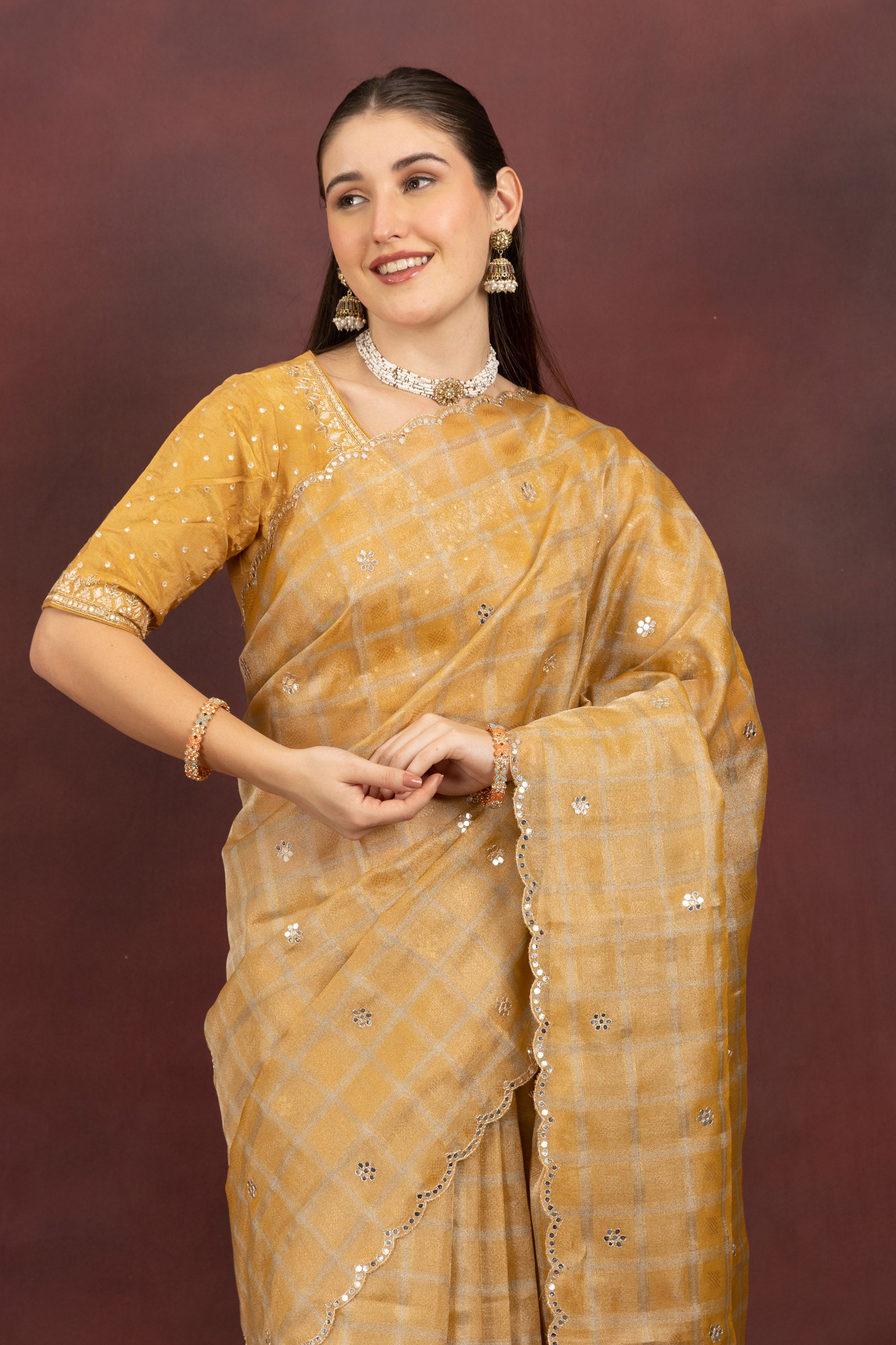 Women's Mustard Checkered Sequin Saree