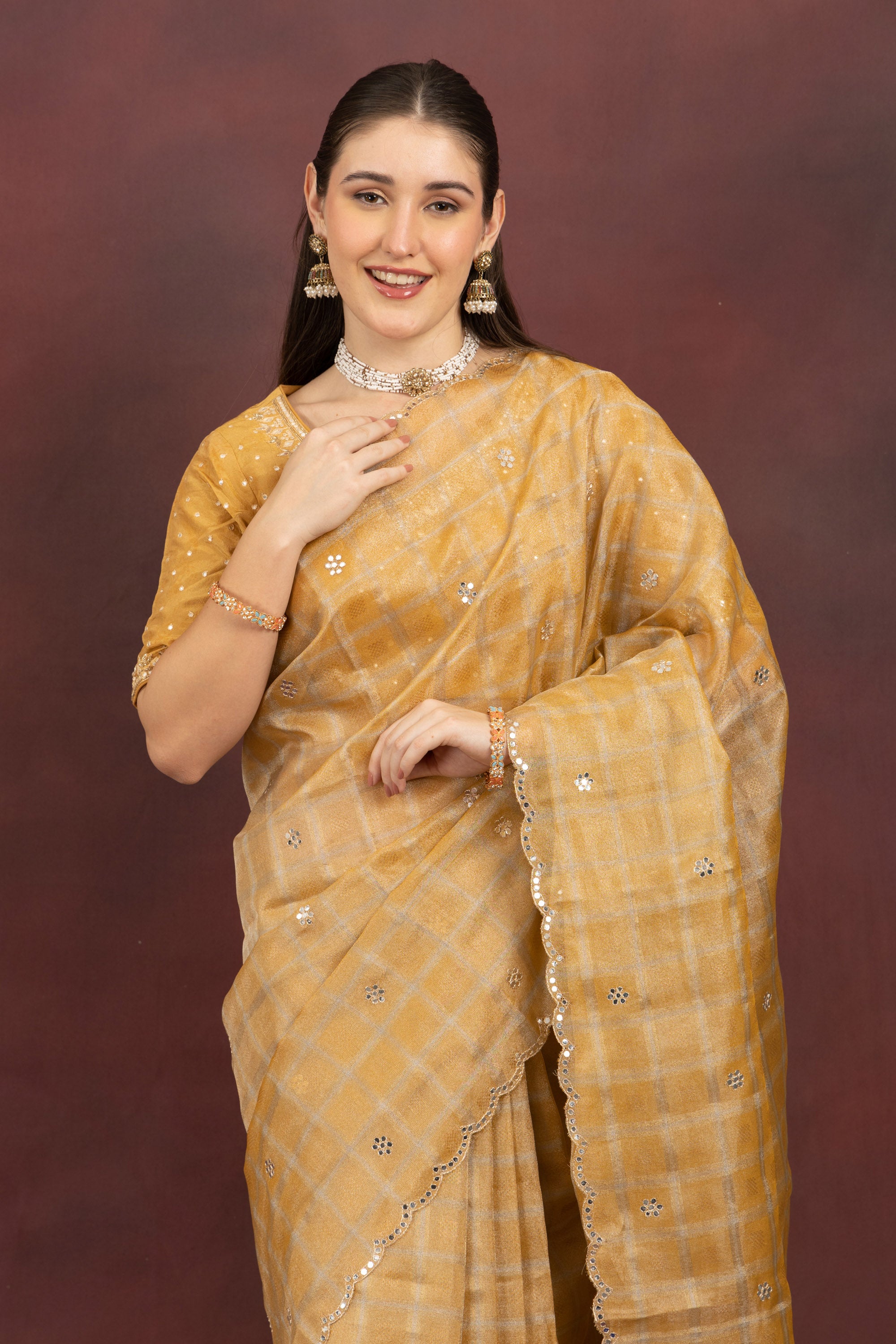 Women's Mustard Checkered Sequin Saree