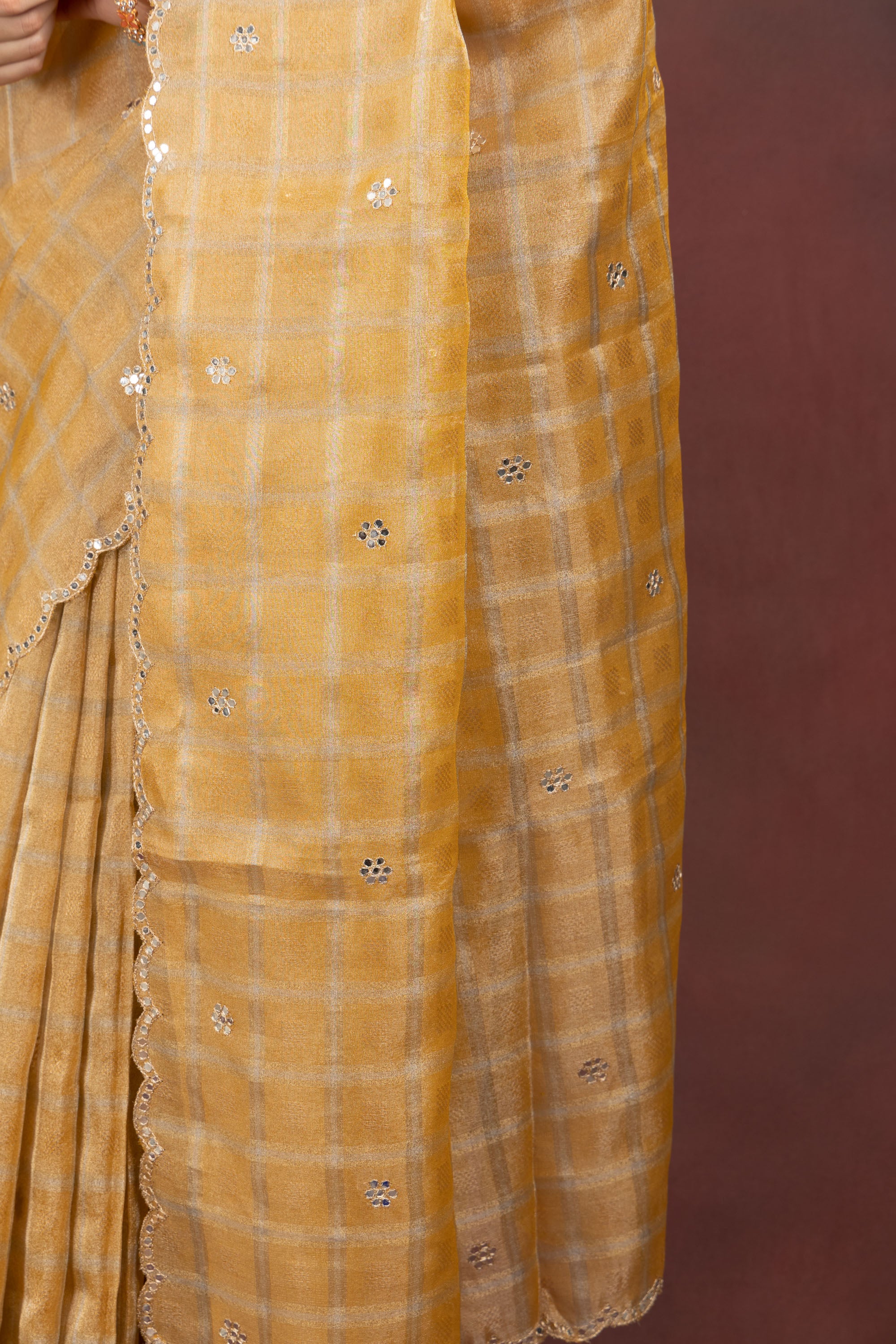 Women's Mustard Checkered Sequin Saree