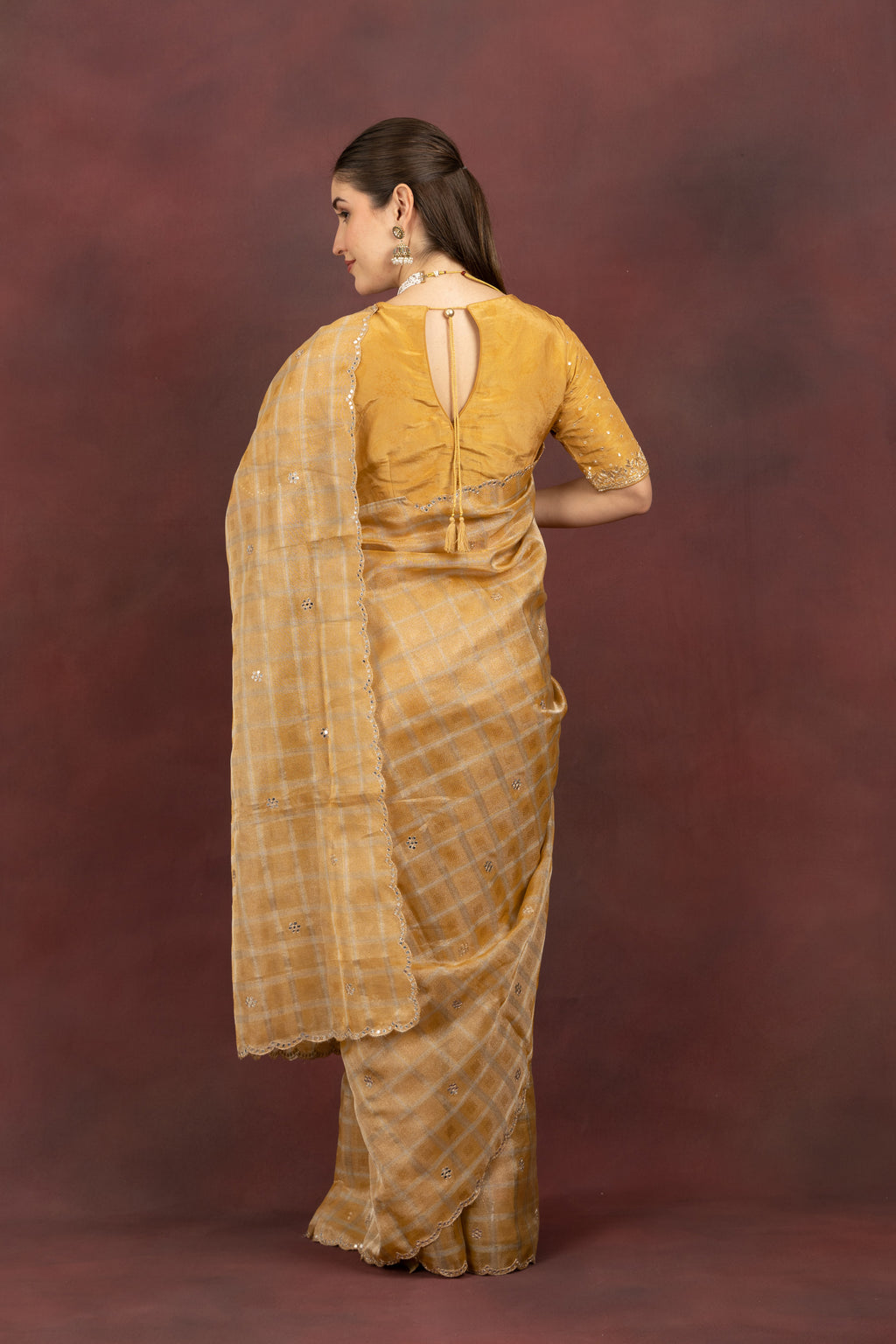 Women's Mustard Checkered Sequin Saree