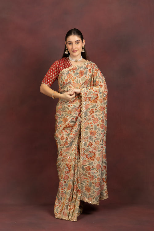 Women's Beige Floral Printed Saree