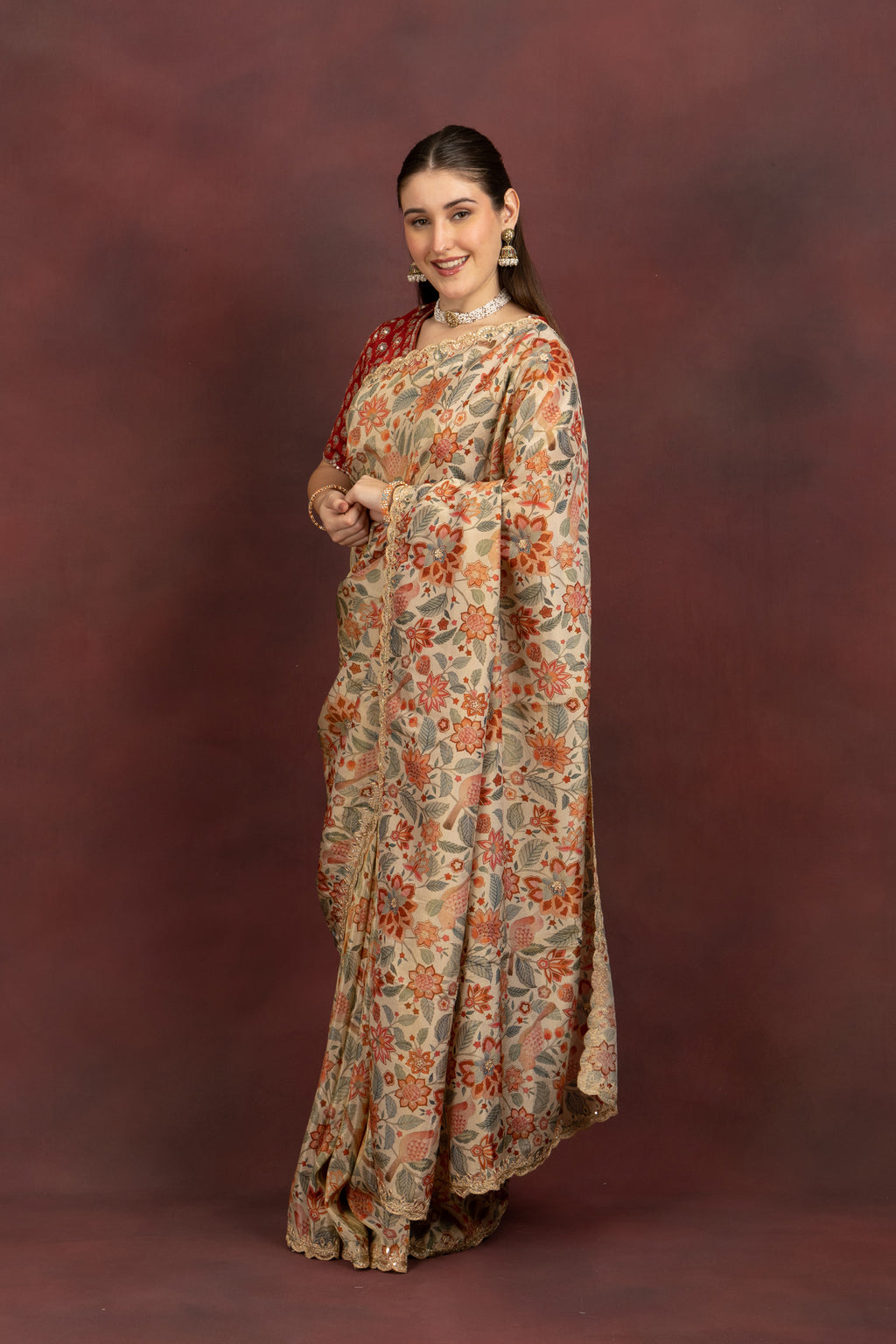 Women's Beige Floral Printed Saree