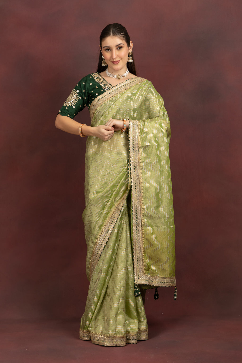 Women's Lime Green Tissue Silk Saree with Zari Weave