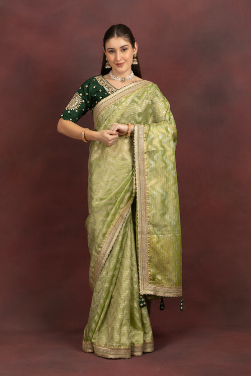 Women's Lime Green Tissue Silk Saree with Zari Weave