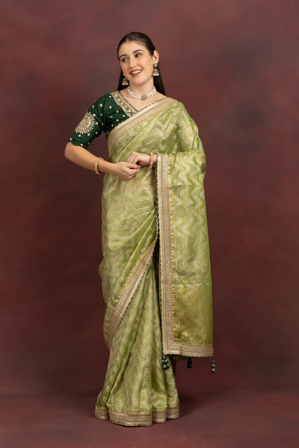 Women's Lime Green Tissue Silk Saree with Zari Weave