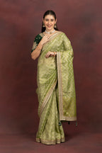Women's Lime Green Tissue Silk Saree with Zari Weave