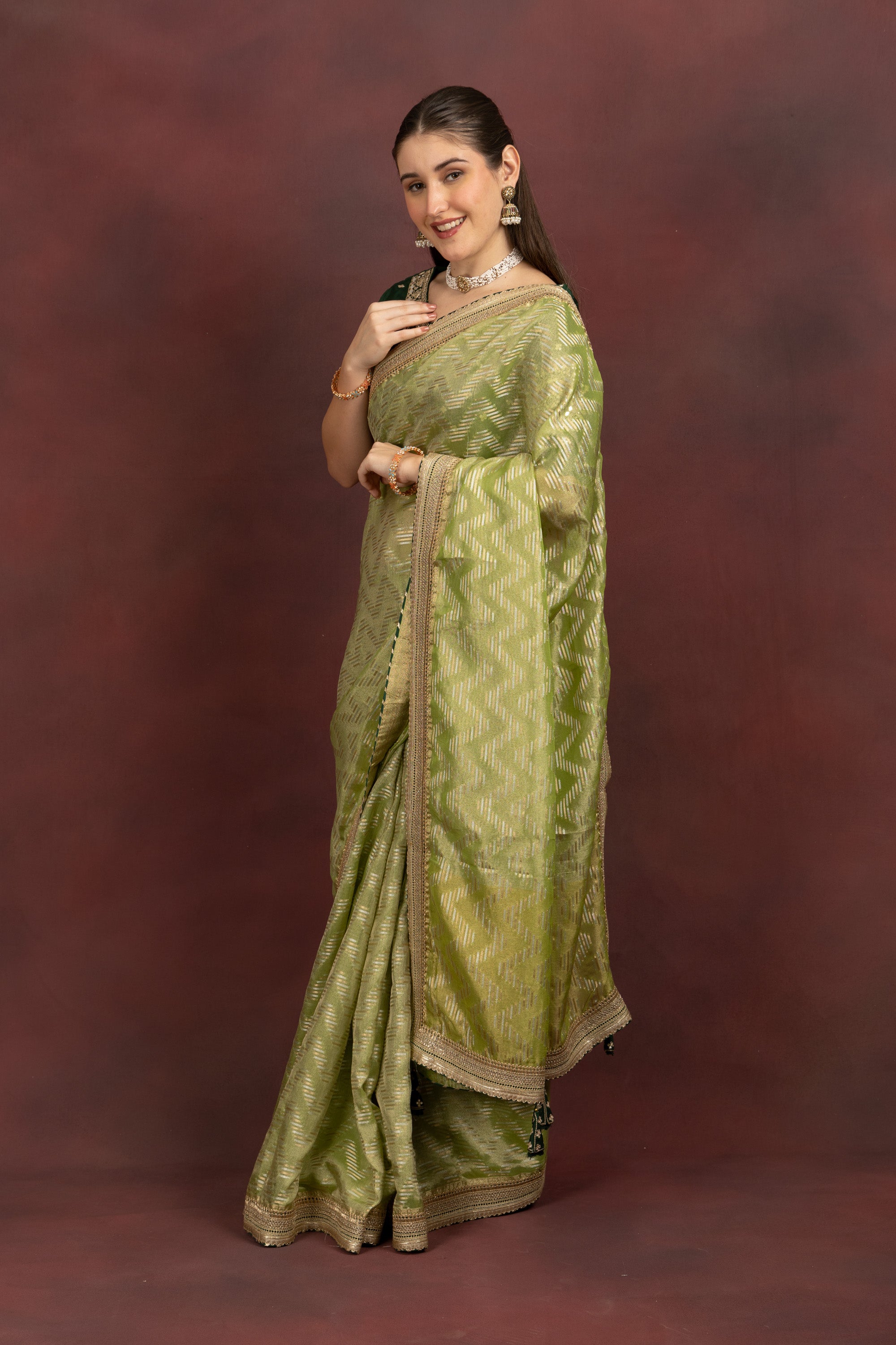 Women's Lime Green Tissue Silk Saree with Zari Weave