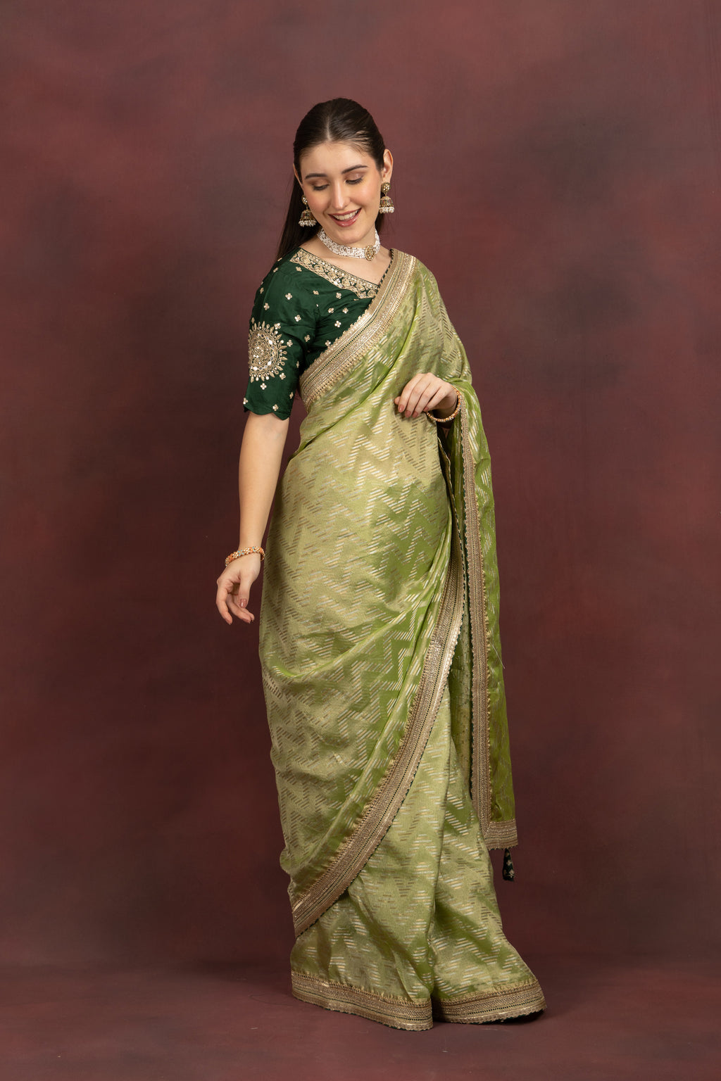 Women's Lime Green Tissue Silk Saree with Zari Weave