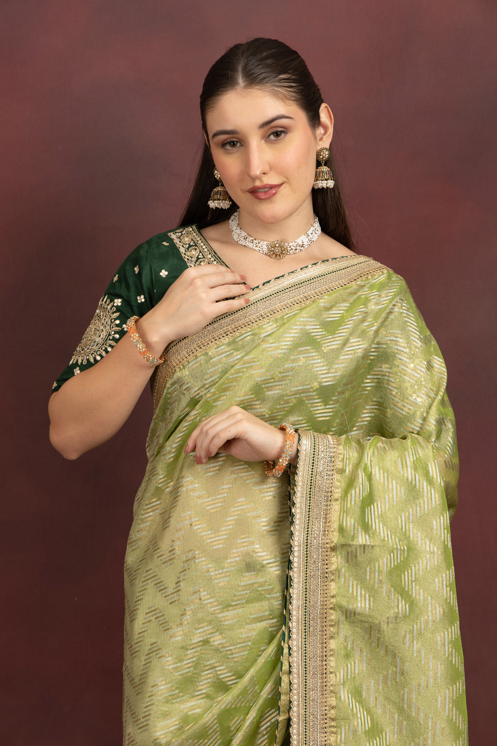 Women's Lime Green Tissue Silk Saree with Zari Weave