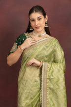 Women's Lime Green Tissue Silk Saree with Zari Weave