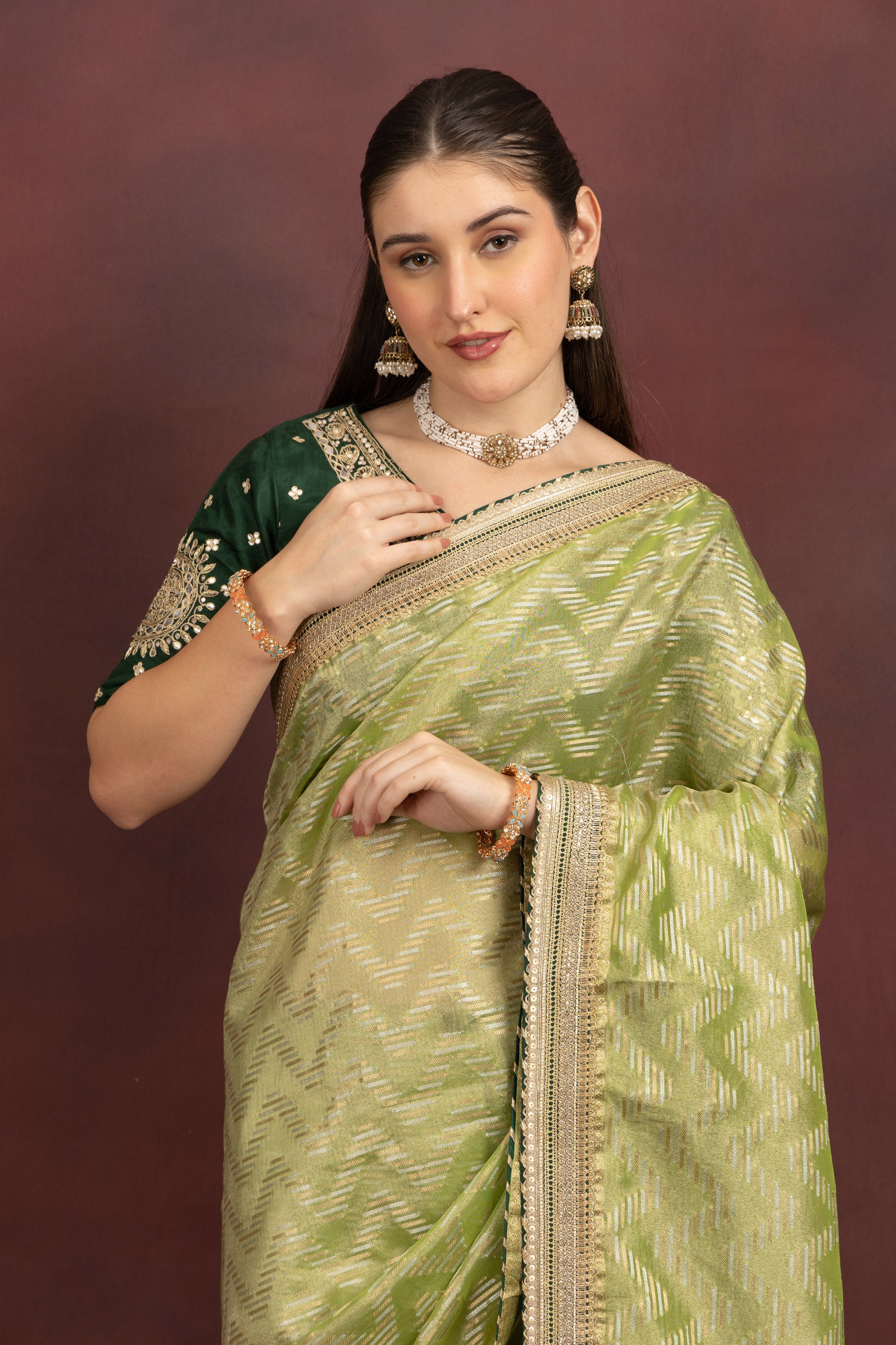 Women's Lime Green Tissue Silk Saree with Zari Weave