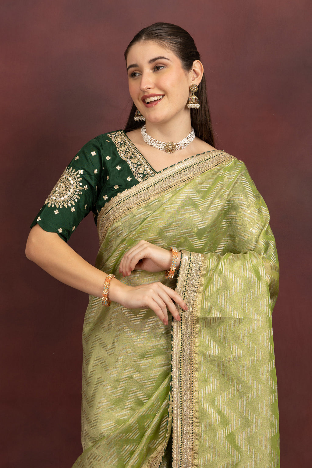 Women's Lime Green Tissue Silk Saree with Zari Weave