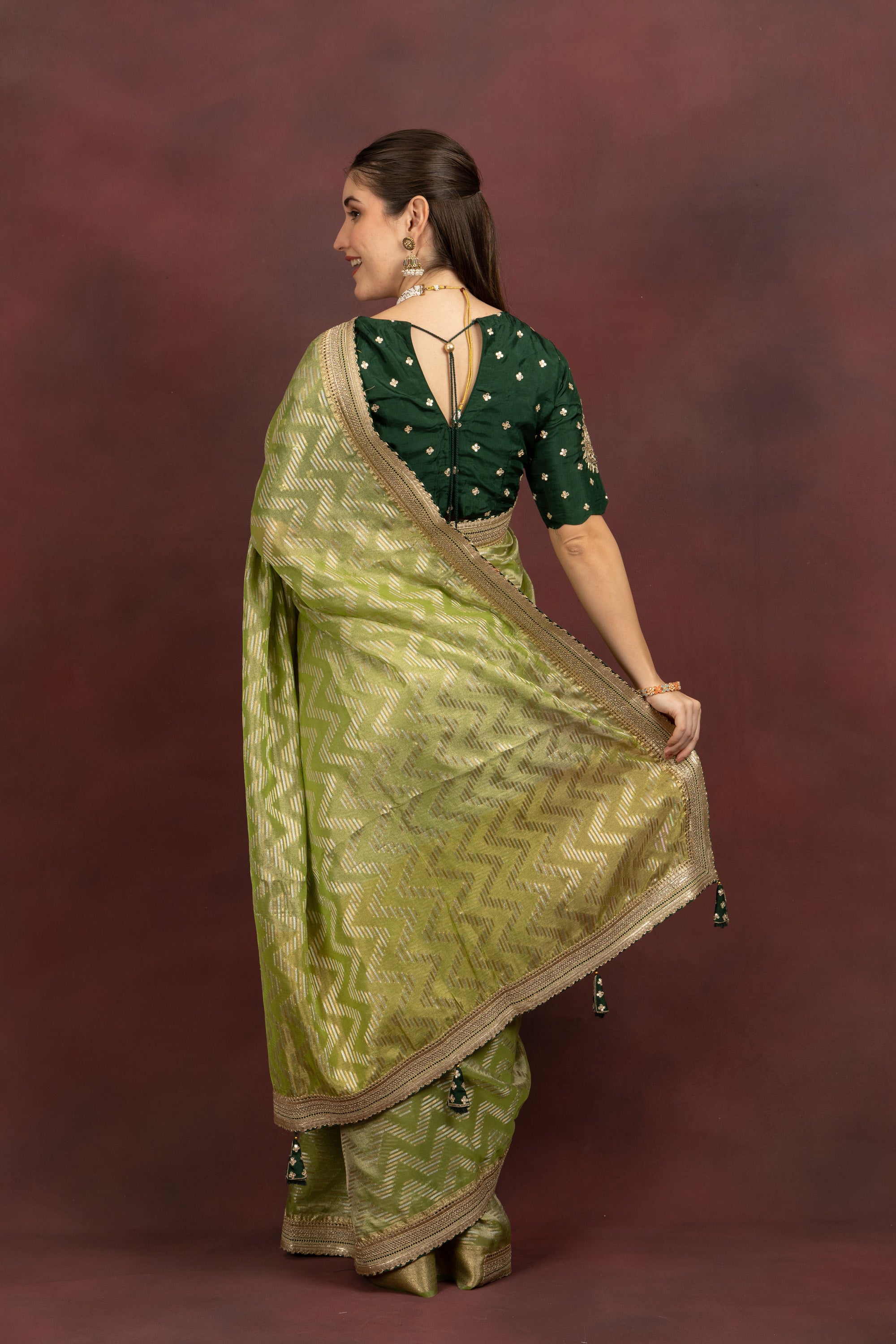 Women's Lime Green Tissue Silk Saree with Zari Weave
