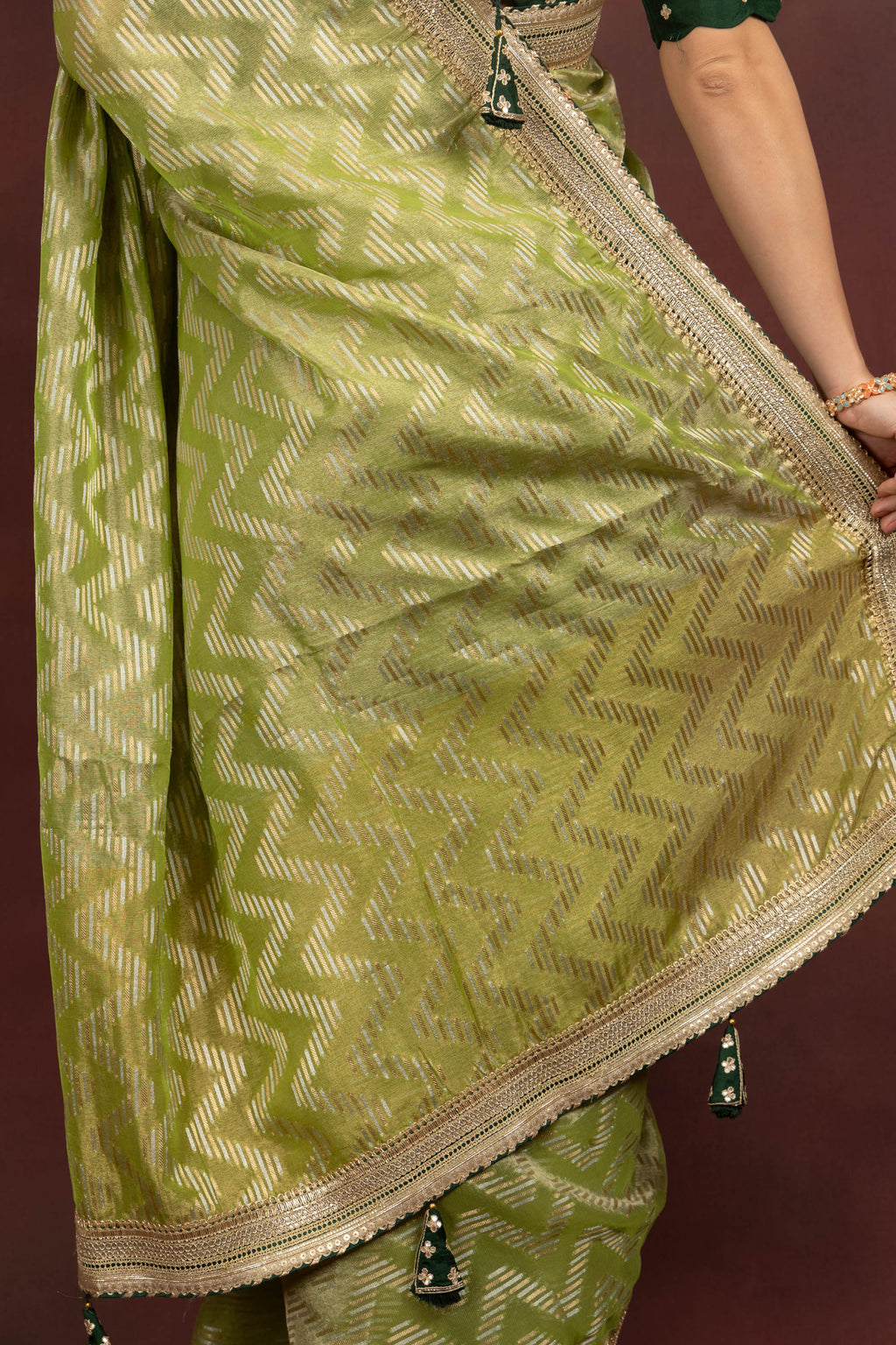 Women's Lime Green Tissue Silk Saree with Zari Weave