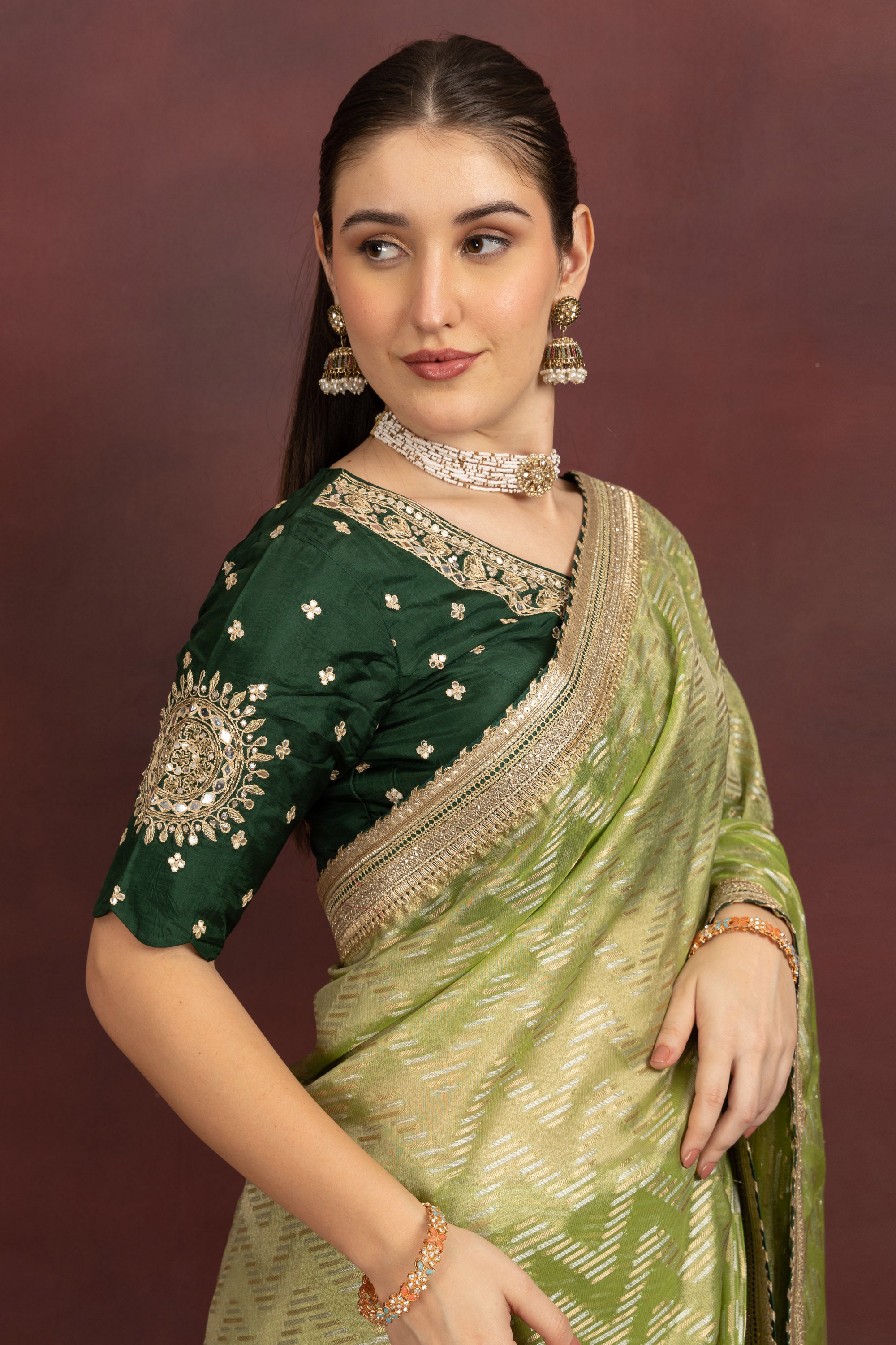 Women's Lime Green Tissue Silk Saree with Zari Weave