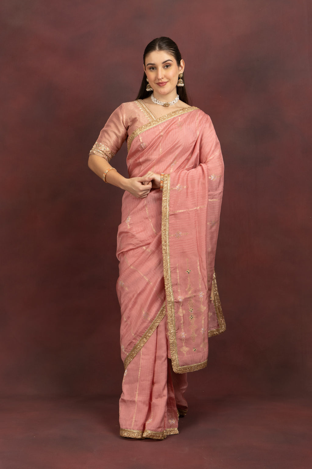 Women's Blush Pink Tissue Silk Saree with Zari Border