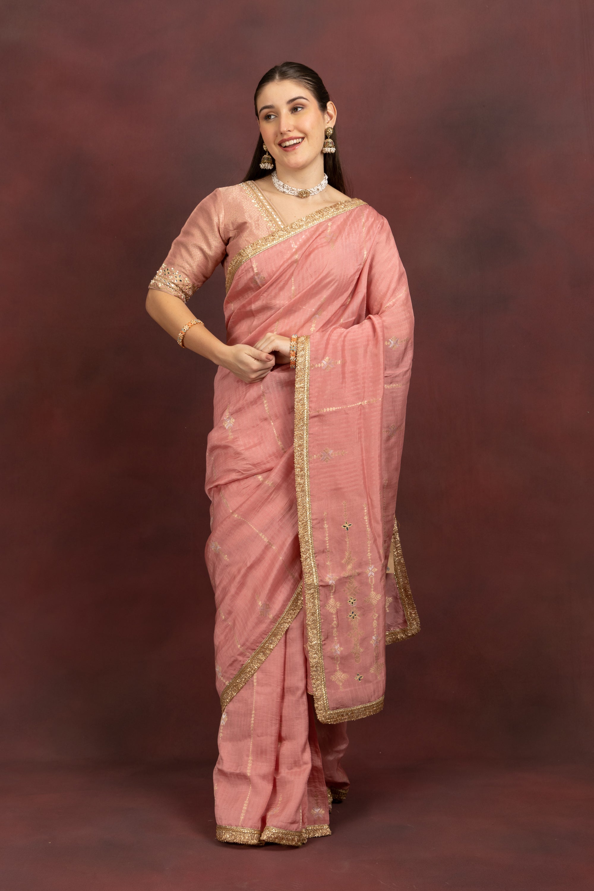 Women's Blush Pink Tissue Silk Saree with Zari Border