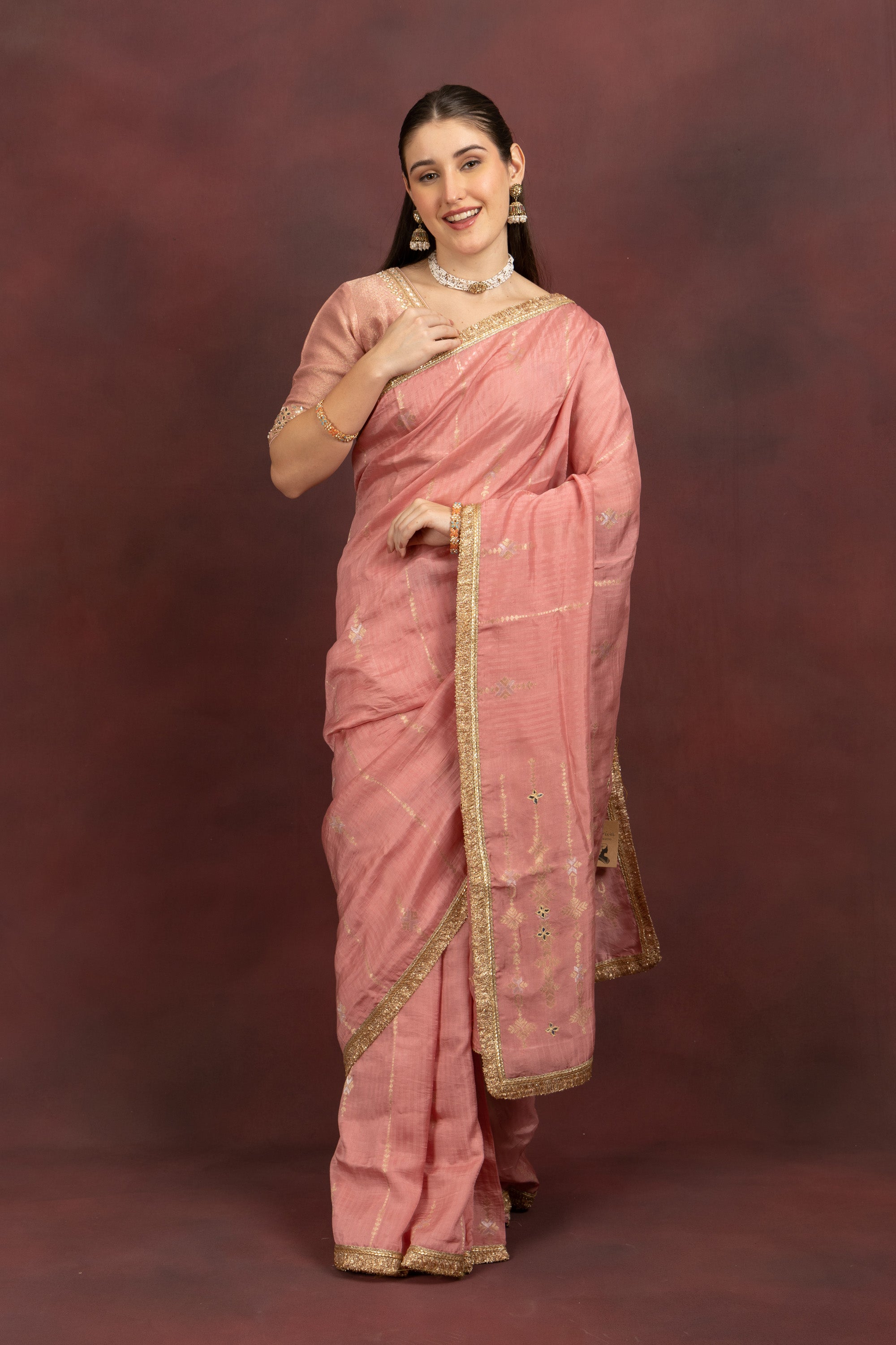 Women's Blush Pink Tissue Silk Saree with Zari Border