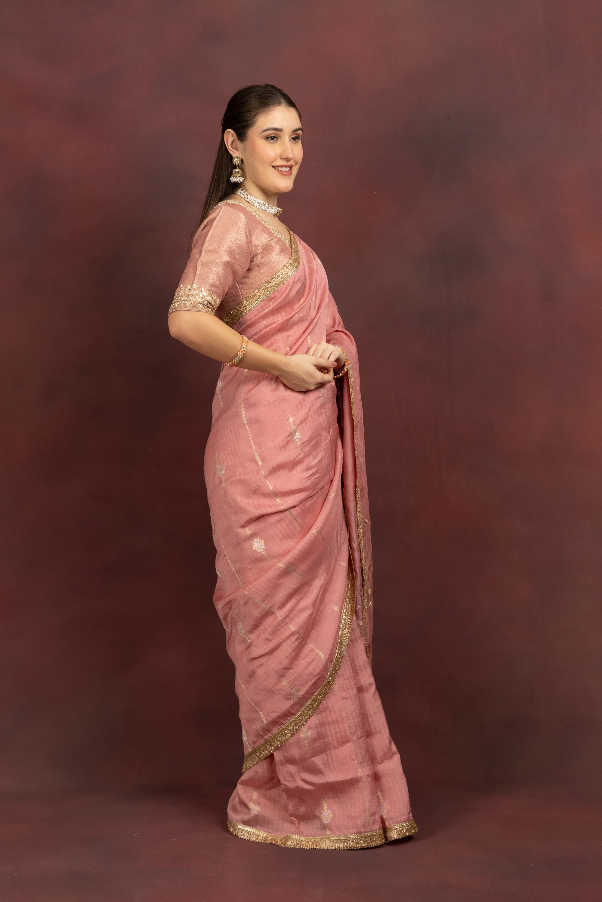 Women's Blush Pink Tissue Silk Saree with Zari Border