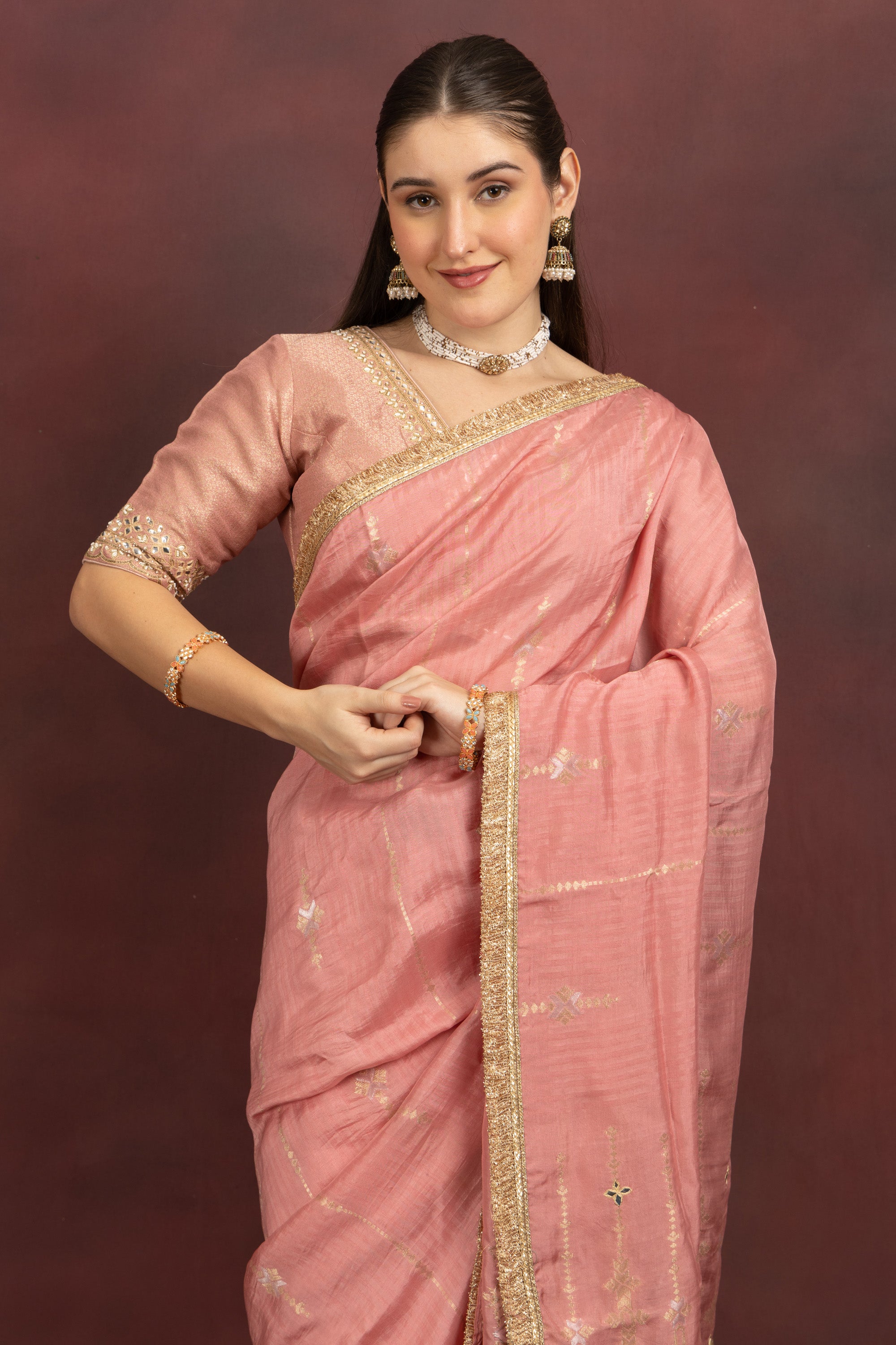 Women's Blush Pink Tissue Silk Saree with Zari Border