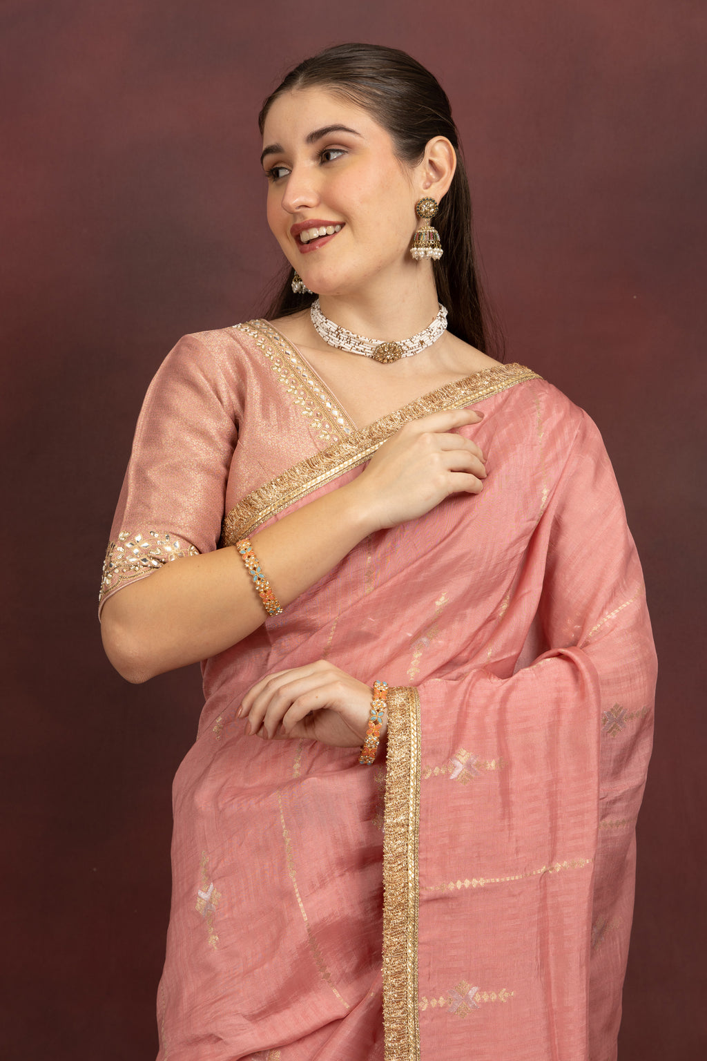 Women's Blush Pink Tissue Silk Saree with Zari Border