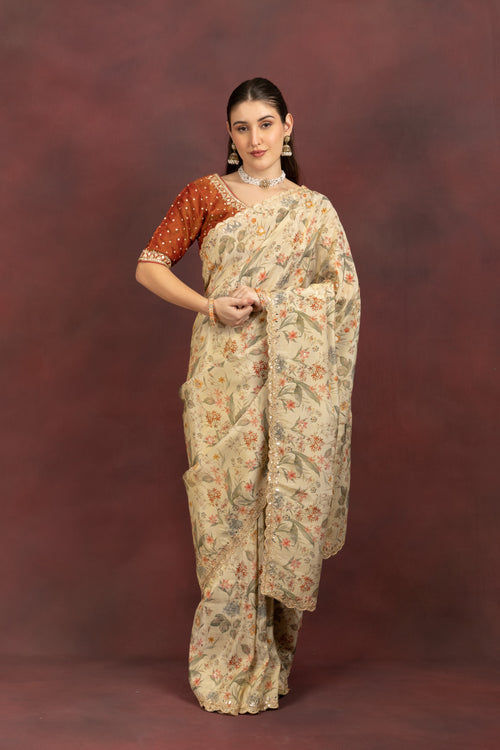 Women's Beige Floral Printed Organza Saree