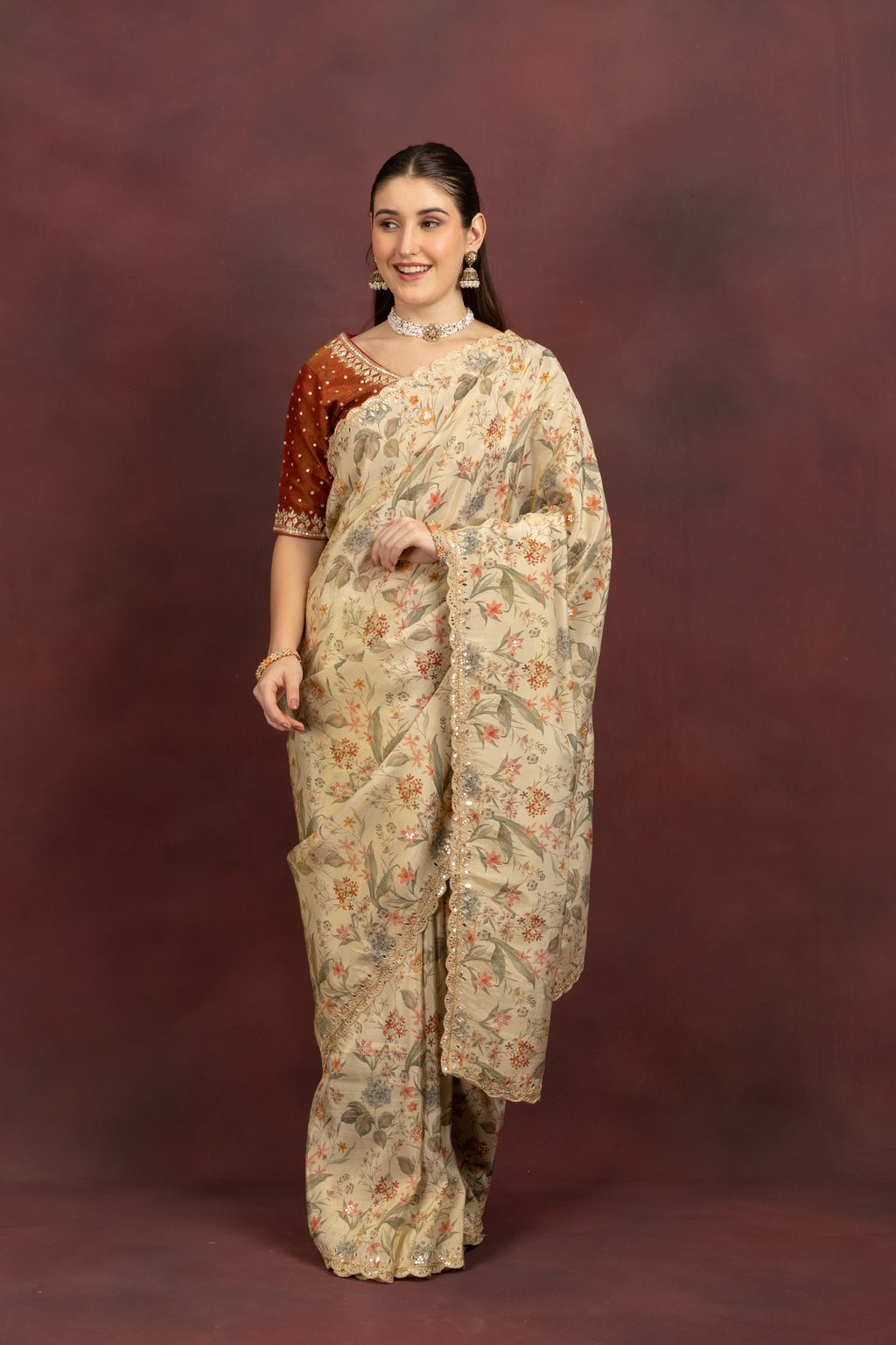 Women's Beige Floral Printed Organza Saree